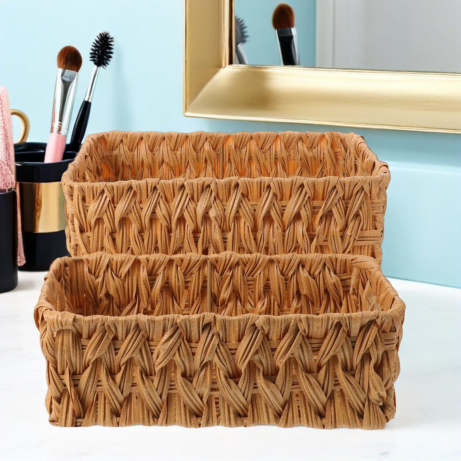 2pezzi Cestini Intrecciati in Finto Rattan Beige da Contenitori Portaoggetti per Scrivania Trucco Cancelleria e Organizzazione Multiuso per Casa e Ufficio