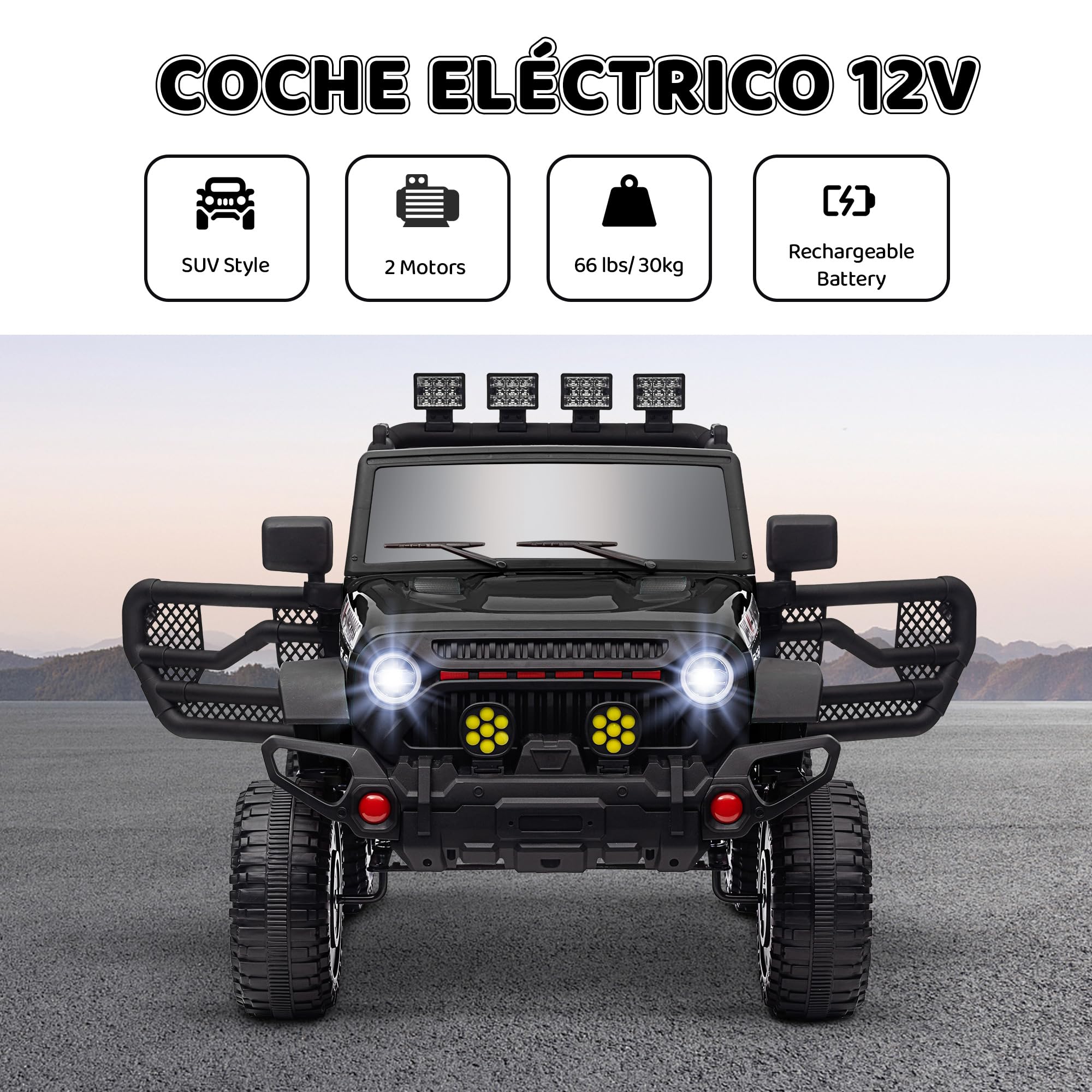 AIYAPLAY Coche Eléctrico para Niños de +3 Años Carro Eléctrico Infantil Todoterreno de Batería 12V con Mando a Distancia Ruedas Amortiguadas Faros LED Bocina Música Negro
