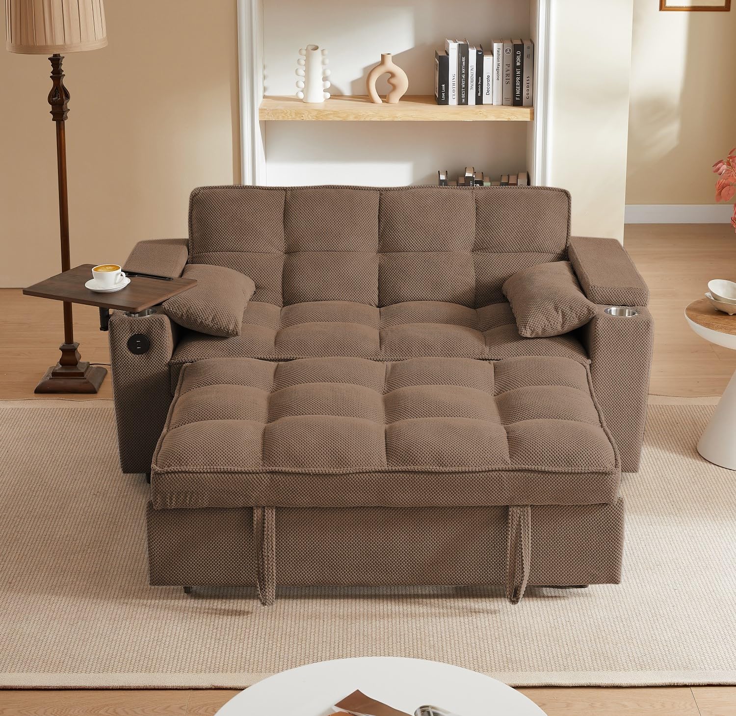 oaaktu ﻿ Large Size Convertible Sleeper Sofa Bed,Polka dot Velvet Pull Out Futon Couch with Storage handrails & Rotating Side Tables,Convertible Sofa