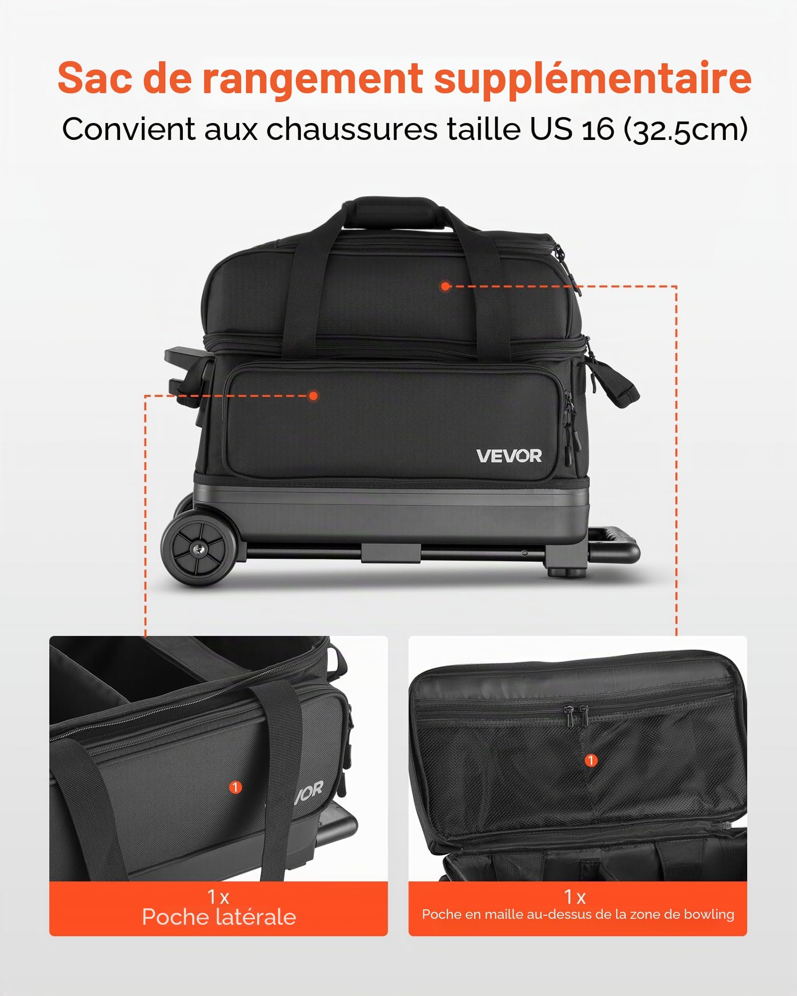 VEVOR Sac de Bowling à roulettes, Valise de Transport pour 2 Boules, avec Compartiment pour Chaussures, Poche pour Accessoires Surdimensionnée et Poignée Rétractable Extensible, Transport, Noir