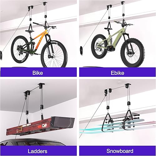 Miniatura 7 de Paquete de 2 polipastos de bicicleta, sistema de polea de bicicleta resistente para techo de garaje, soporte para colgar bicicletas, almacenamiento