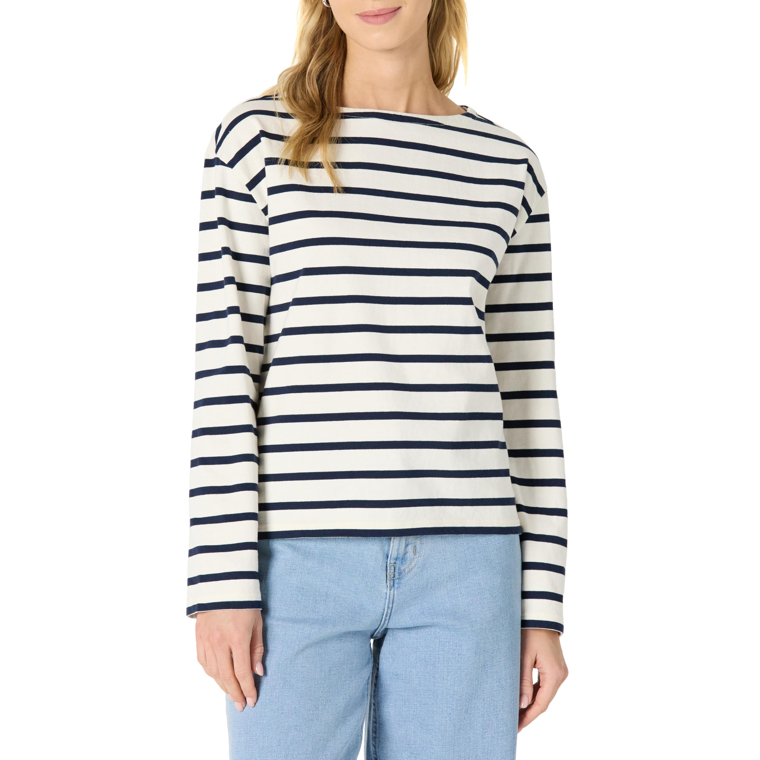 Amazon Essentials Women's 100% Cotton Heavyweight Relaxed-Fit Long-Sleeve Boatneck Top, Eggshell White Navy Mariner Stripes, XXS