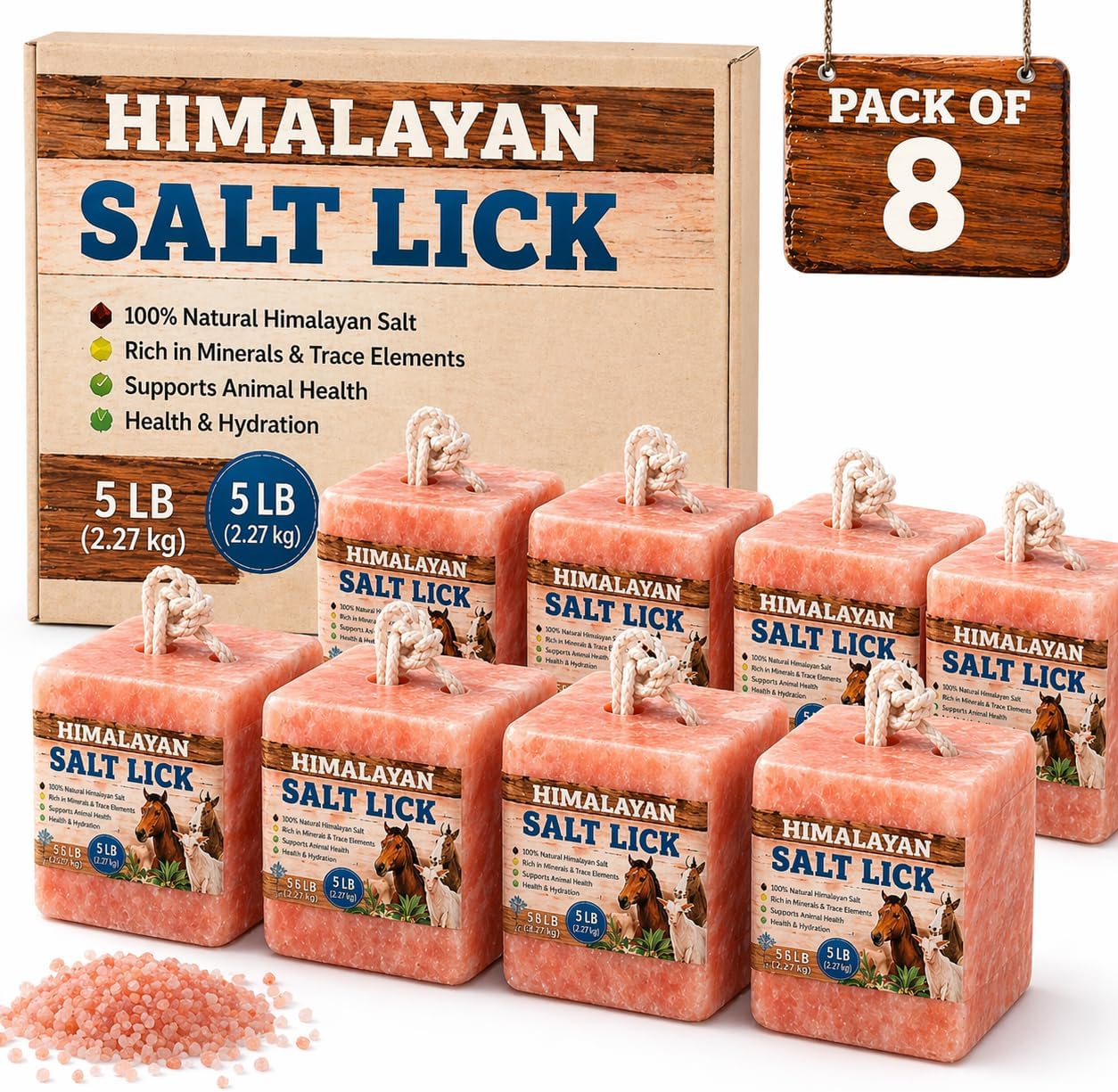 Himalayan Salt Block 8 Pack - 6 lbs Each. Himalayan Salt Lick on Rope for Horse, Deer, Goat, and Livestock Animals