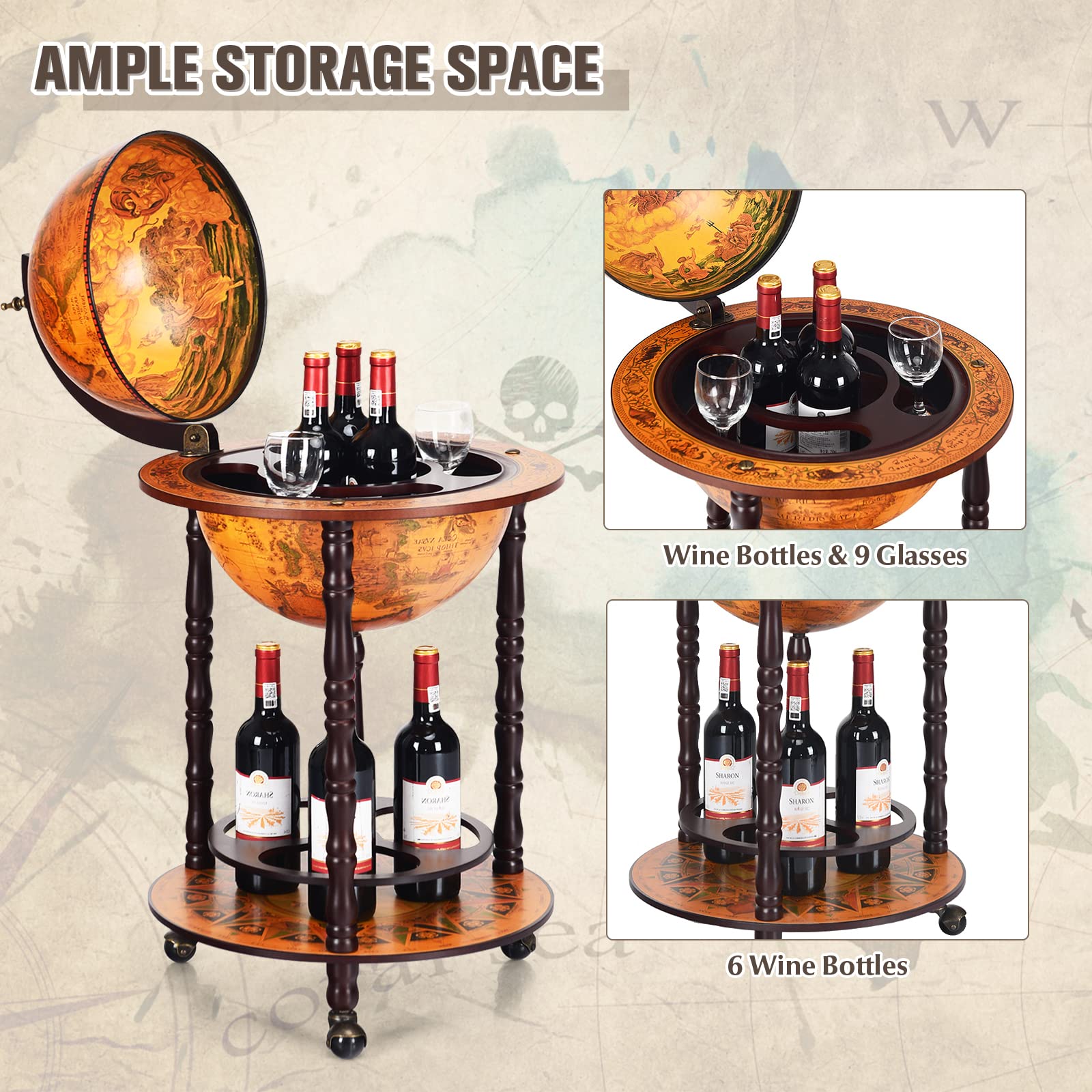 KOMFOTTEU Botellero Bar Globo Terráqueo con Ruedas, Soporte para Botellas de 2 Niveles, Carrito de Bar de Madera, Mueble Minibar para Bebidas, para Restaurante, Fiesta (Marrón, 47 x 47 x 90 cm)