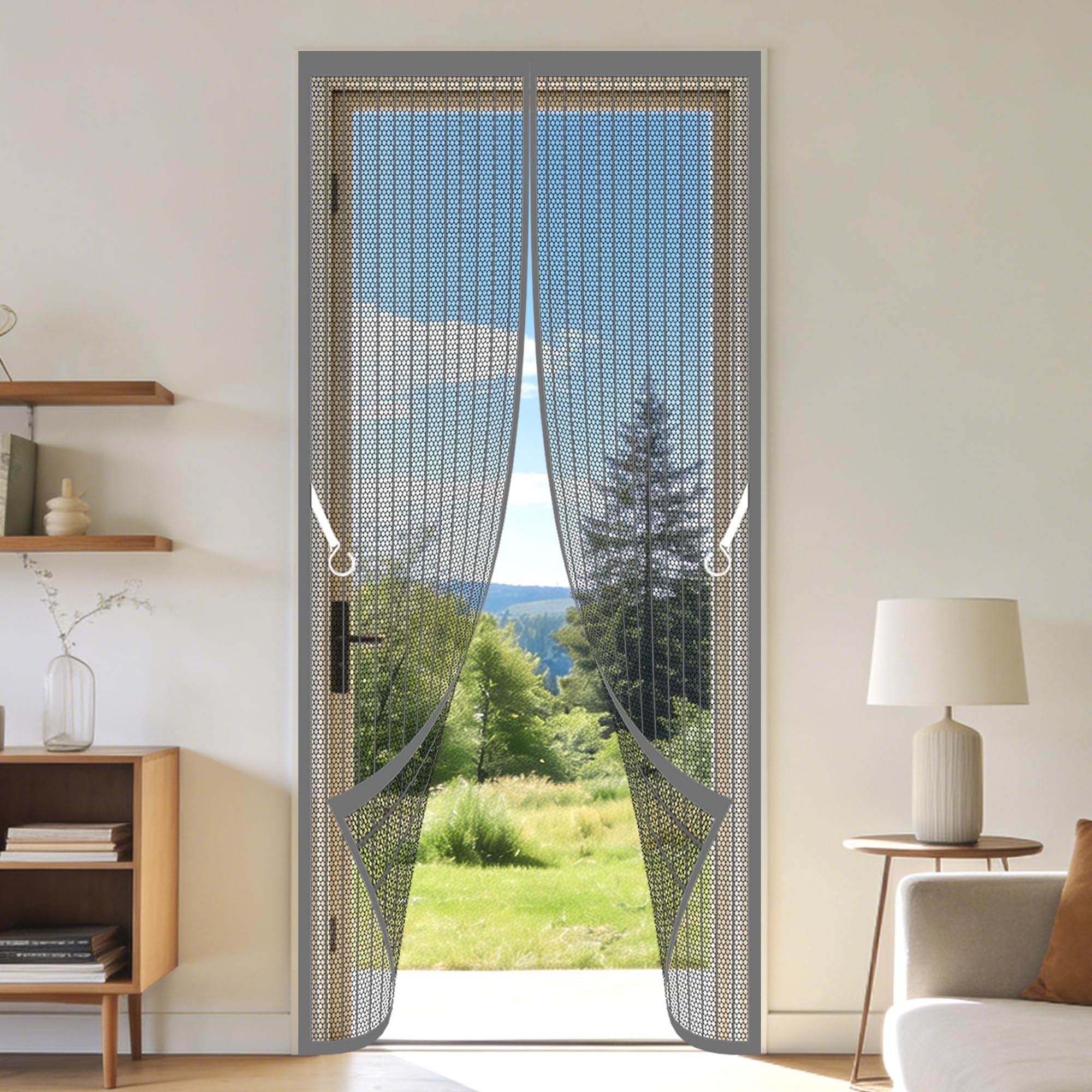 Zhiqxue Grey Magnetic Screen Door 111 X 281 Cm Full Frame Magic Tape Bug Mosquito Insects Screen Hands Free Auto Closing For Home, Bedroom, Living Room, Kitchen, Patio,