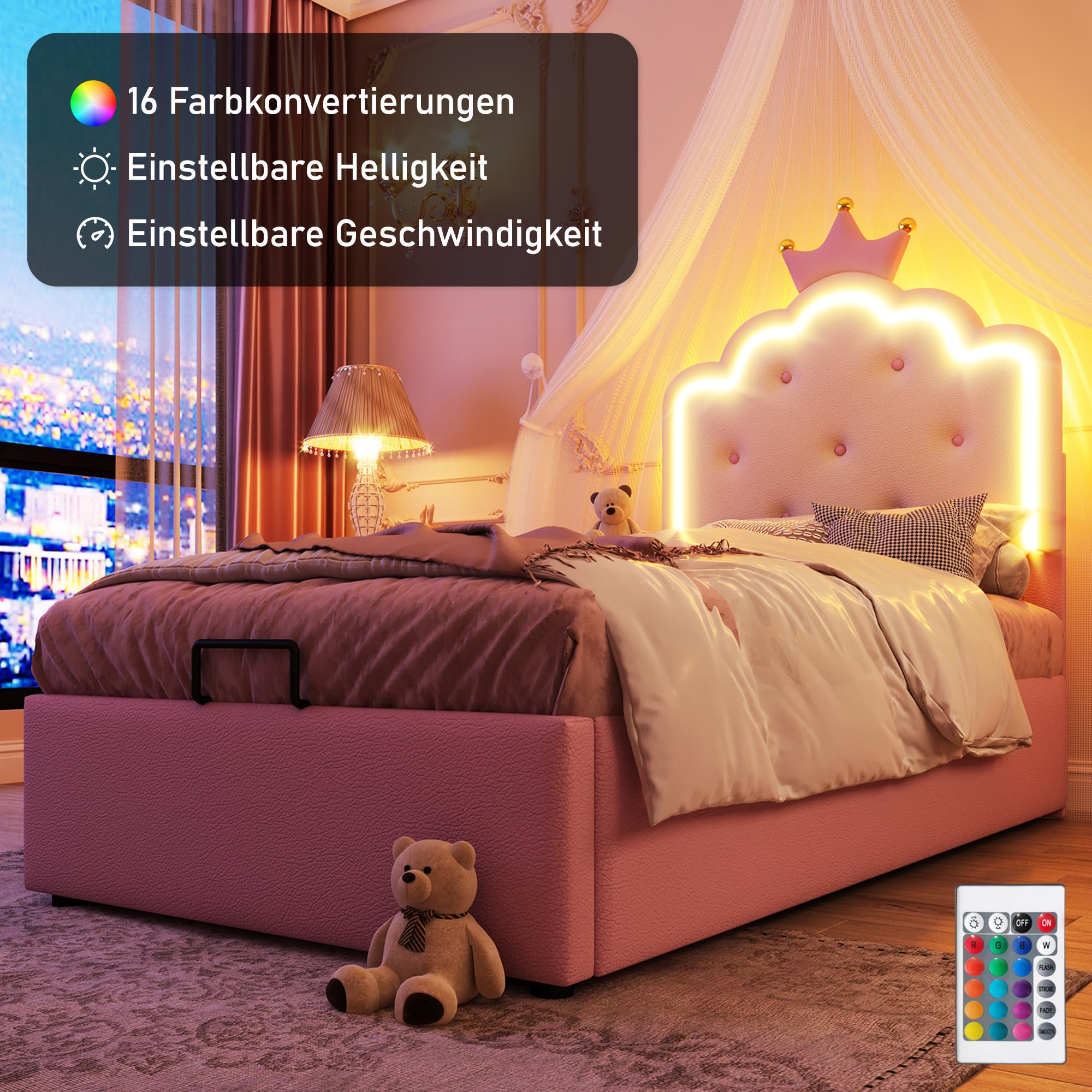 Cama Tapizada Infantil 140x200 Cm Con Luz LED - Diseño Princesa, 2 Cajones, Nido Extensible