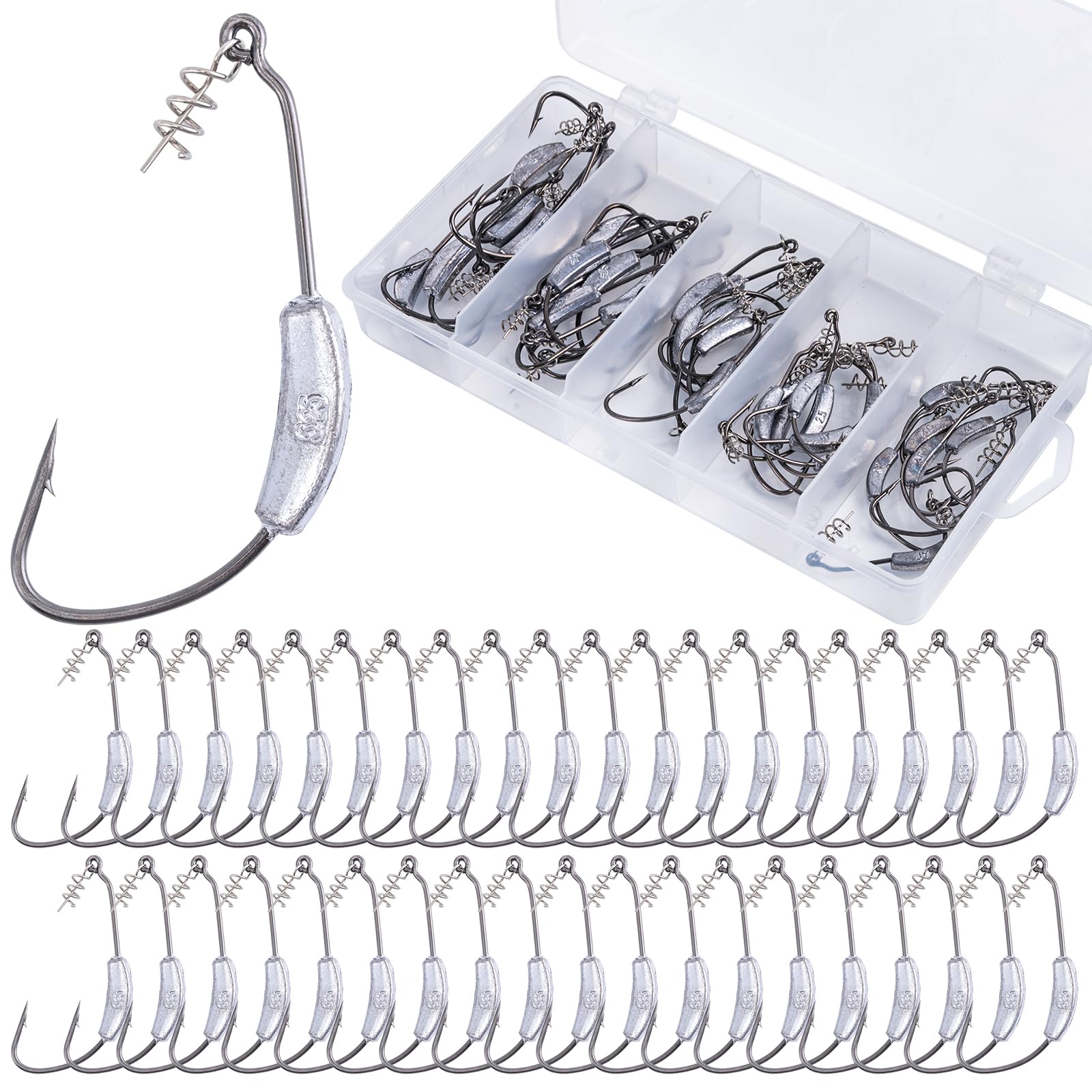 GotureWeighted Swimbait Hooks, Twistlock Hooks Weighted Fishing Hooks for Soft Plastics Lures Worm Fishing Hooks for Saltwater Freshwater,Mixed 5 Sizes Swimbait Hooks with Tackle Box