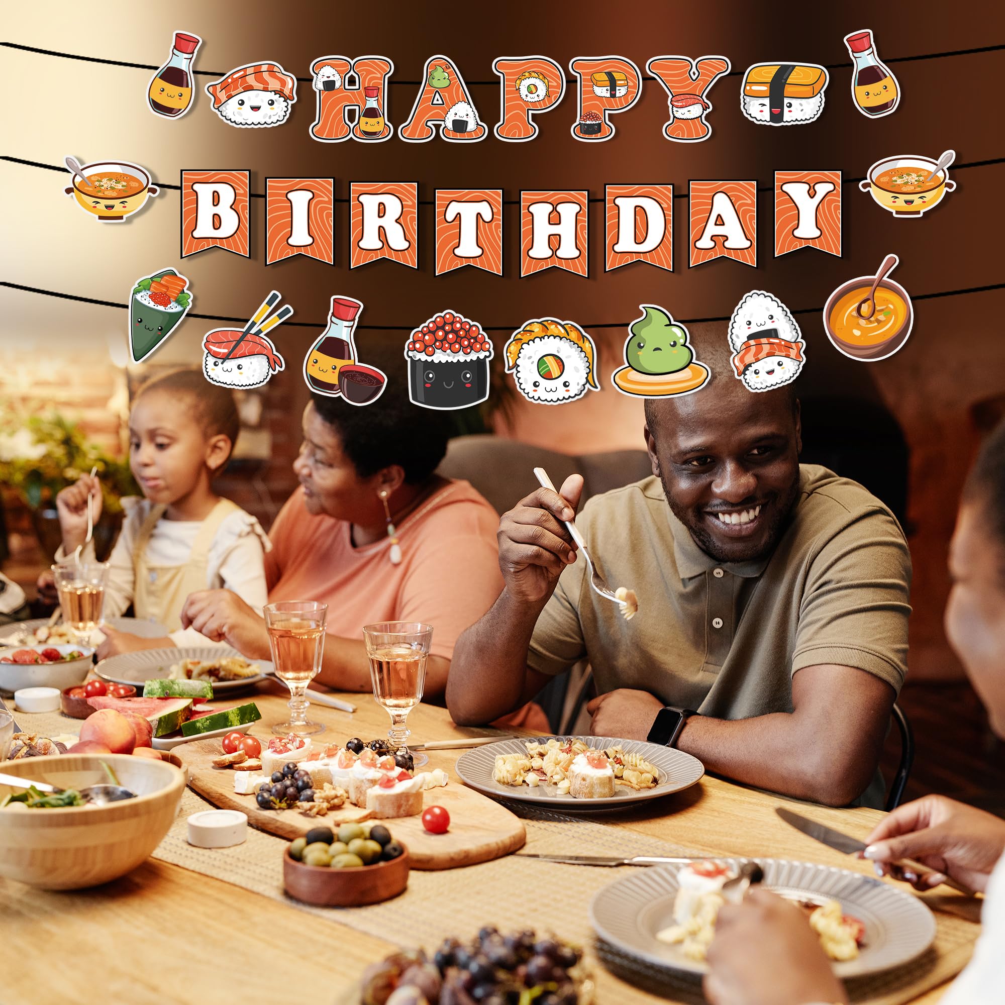 Pancartas de sushi con texto en inglés «Happy Birthday» – 3 unidades de guirnaldas de sushi japonesas, decoraciones de fiesta de sushi japonés, suministros para fiestas de cumpleaños con temática de 7