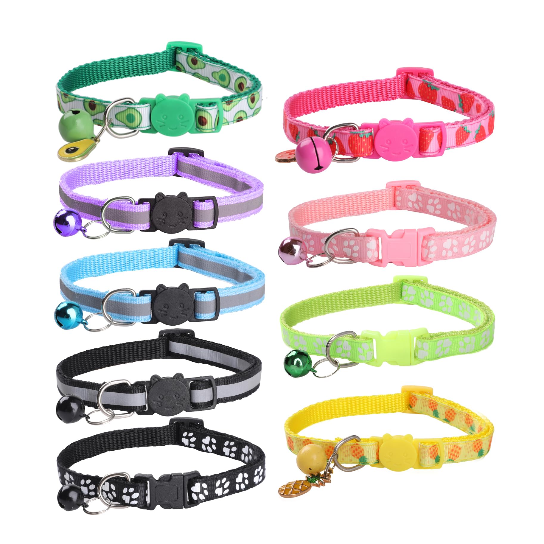 Bigqin 9 Piezas Collar Gato Antiahogo, Collar Gato Personalizado con Hebilla de liberación de Seguridad, Ajustables Collares para Gatos con Campana, Reflectantes Collar para Gato