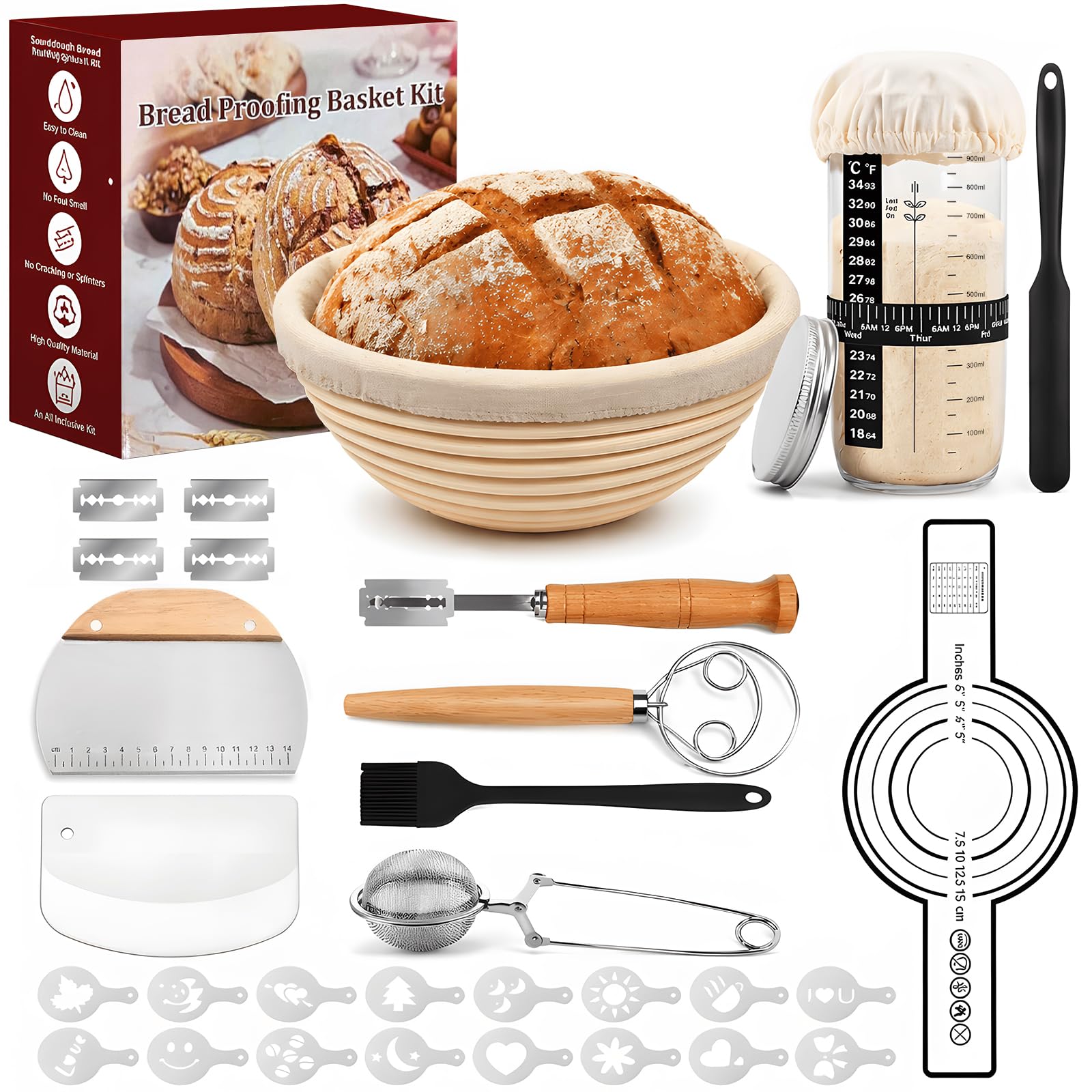 Kit Cestino da Lievitazione per Pane, Banneton Rotondo 10 Pollici con Frusta per Impasto, Raschietto, Spatola, Pennello, Setaccio, Vasetto 900ml