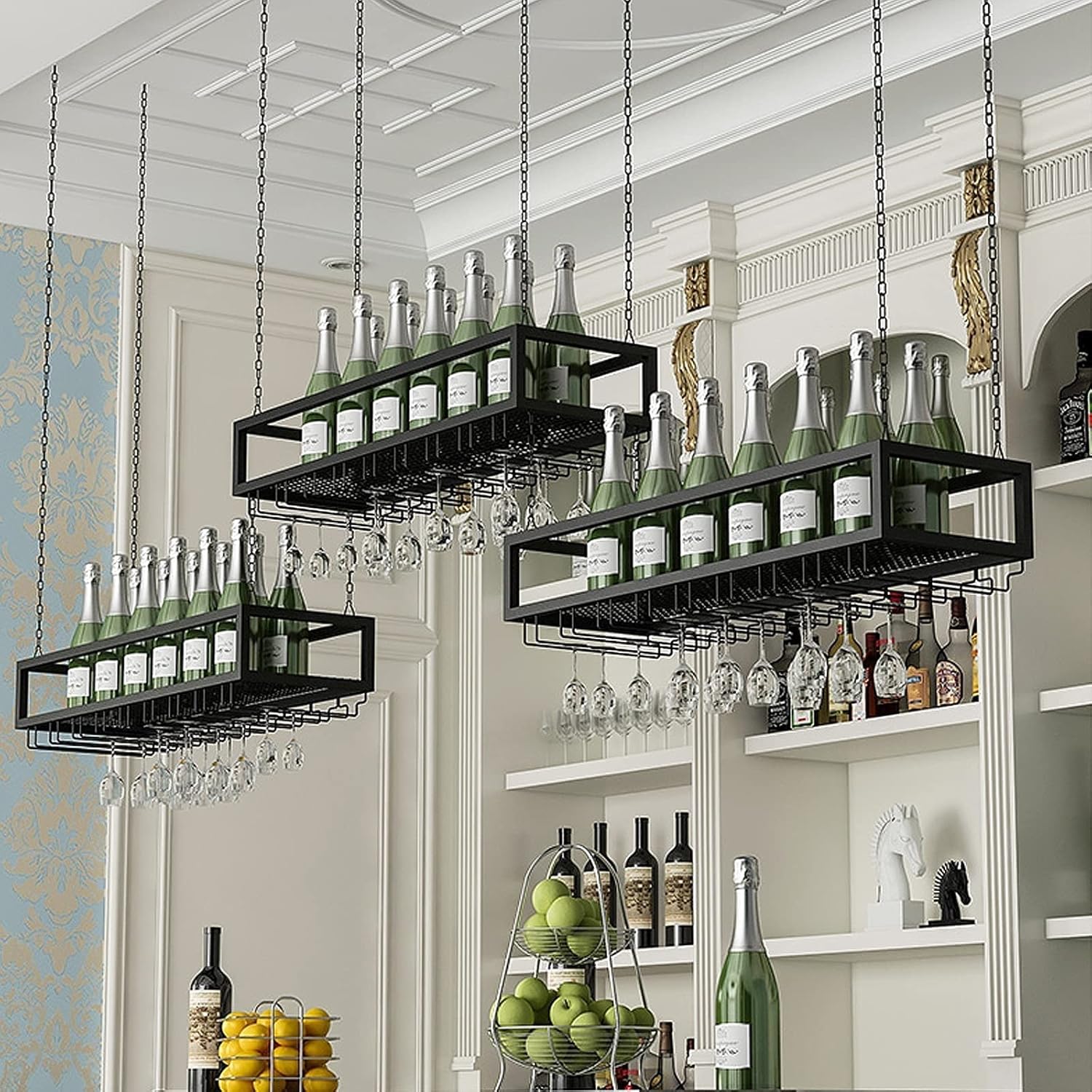 Ceiling Wine Rack with Chain - Hanging Plant Stand, Upside Down Wine Glass Holder, Bar Wrought Iron Floating Shelf, Restaurant Metal Storage Rack, Easy to Install, Can Bear 70-90kg