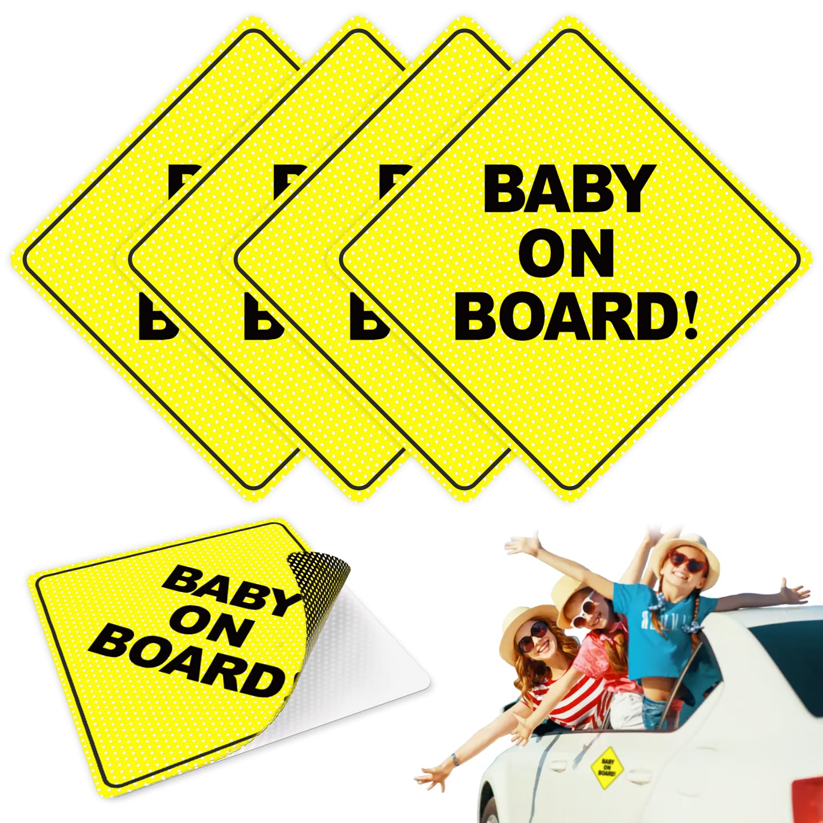 Baby On Board Signs for Car, 4 Pack - Baby On Board Sticker, Car Essentials, Best Kids Safety Signs, 5" By 5" - Bright Yellow and See-Through When Reversing - Non Magnet - Durable Strong Adhesive