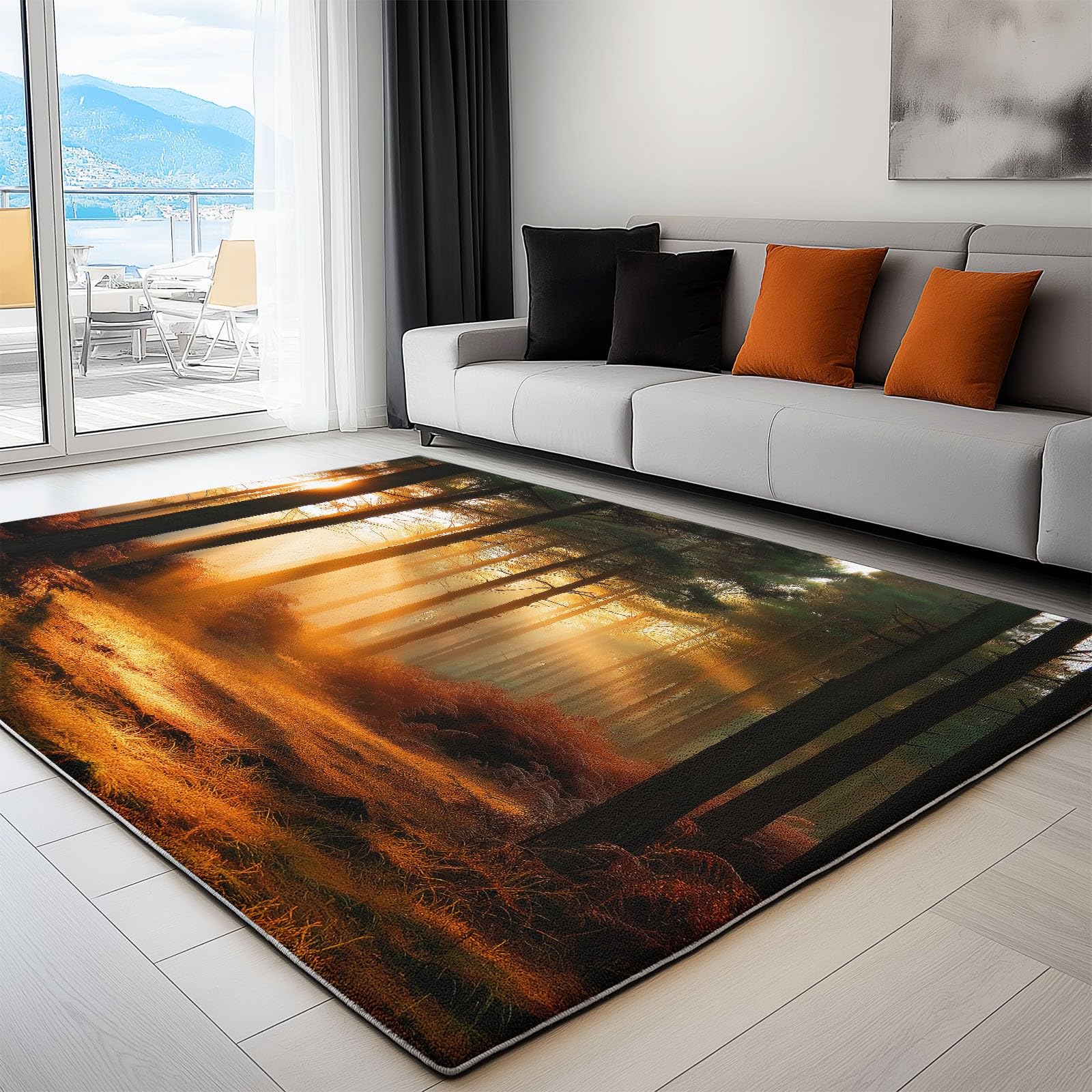 Tapis de salon en poil ras paysage de forêt soleil or doux 80x150cm