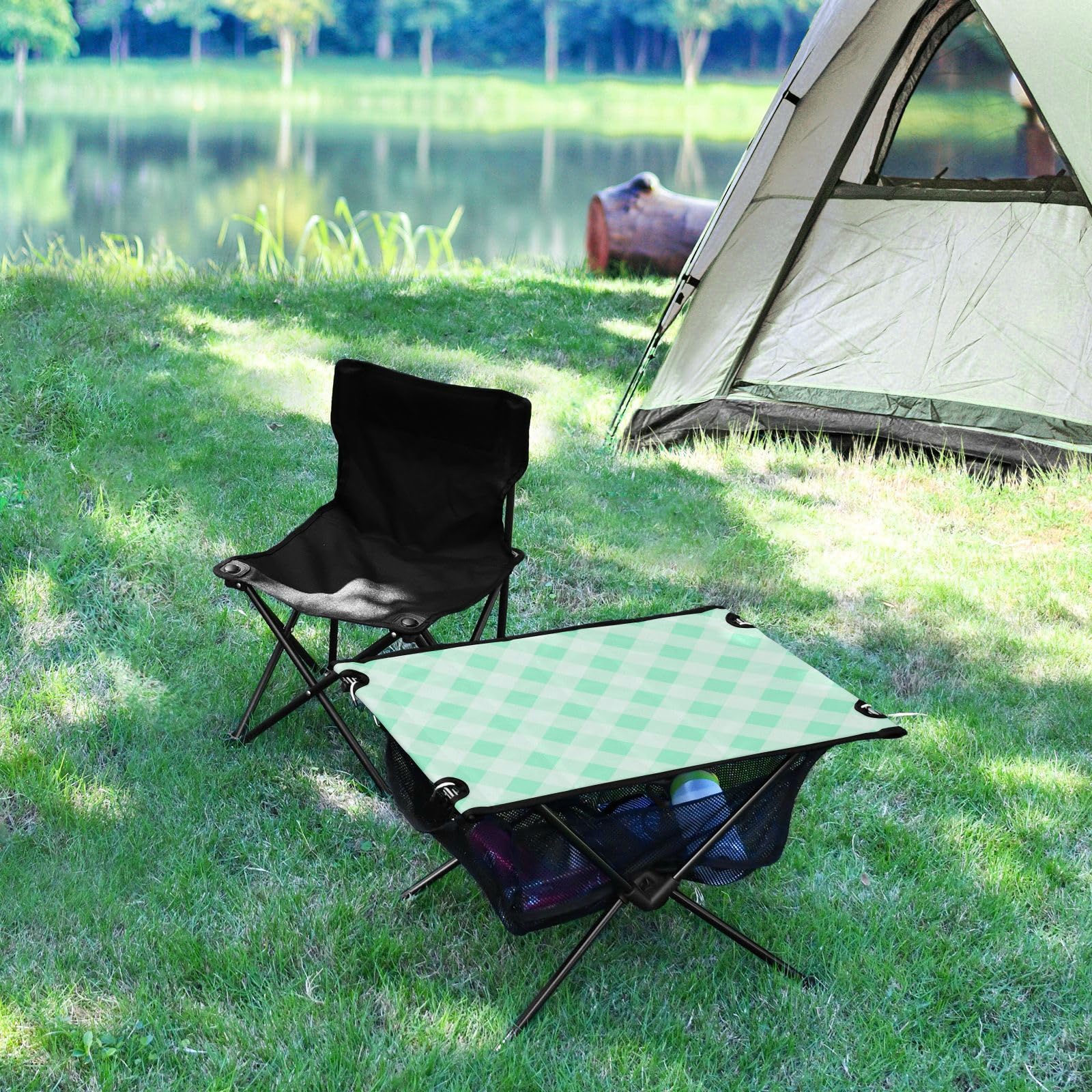 Table de plage pliante carrée blanche verdâtre avec sac de transport pour la plage, la pêche, le camping