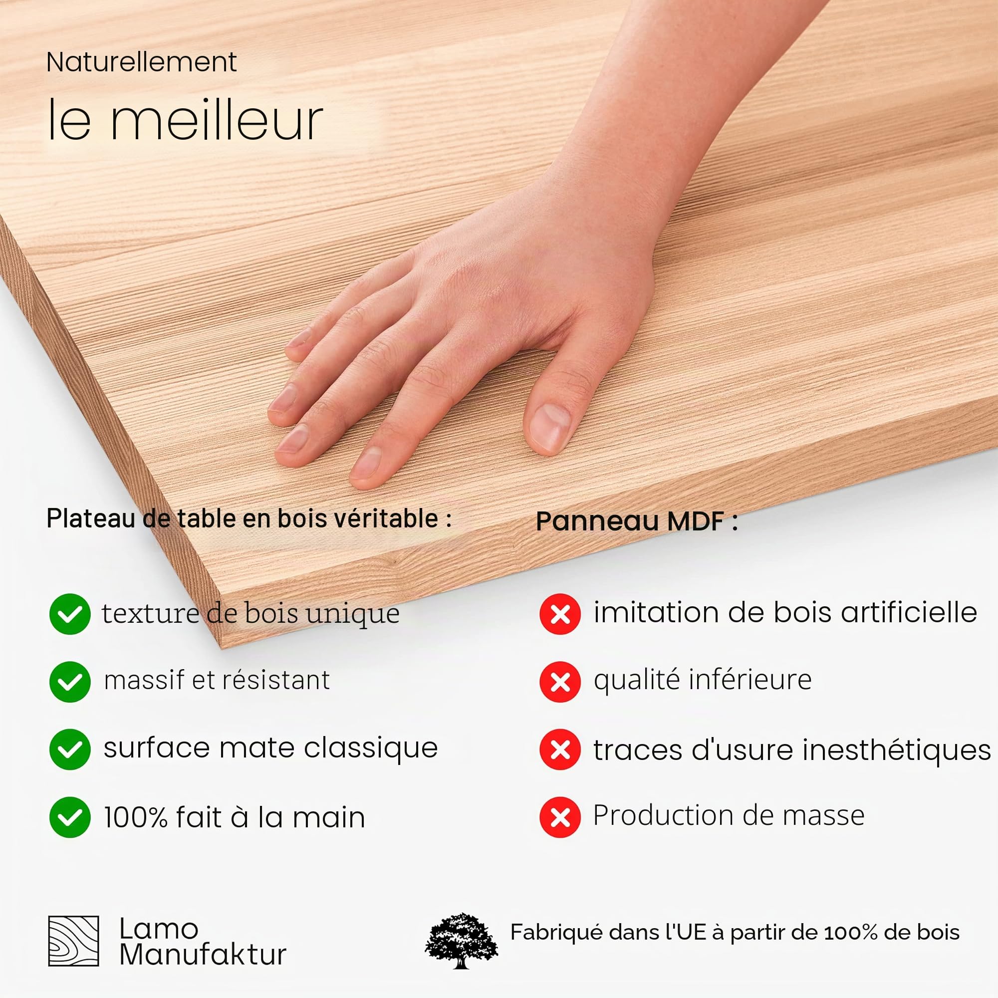 LAMO Manufaktur Plateau en Bois Massif pour Table ŕ Manger et Bureau, Bords biseautés arrondis, 120x80 cm, Fręne Naturel, LHB-01-A-002-120
