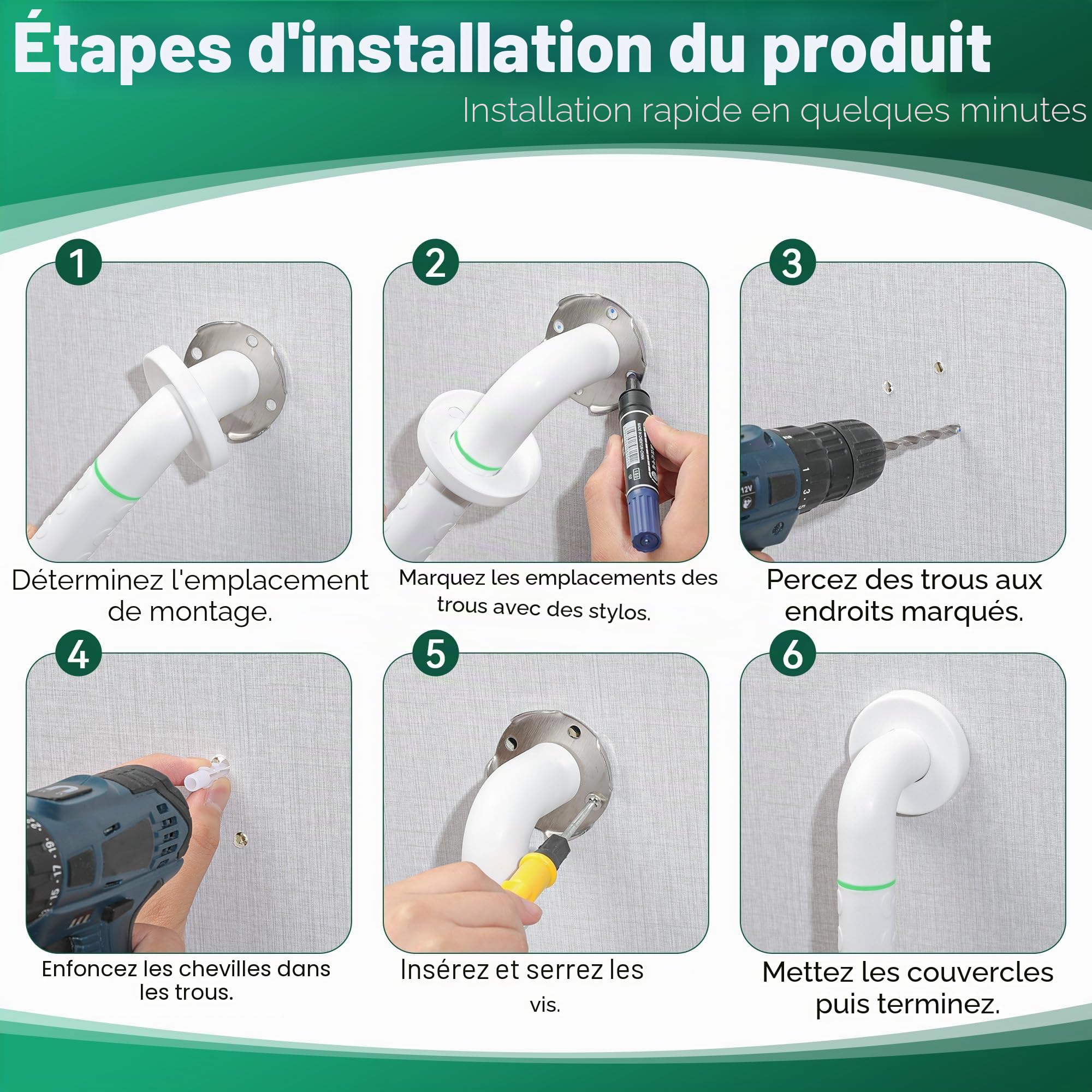 Fanwer 2 Pack Anti Bathroom Grab Rail,Rail de main de douche en acier inoxydable blanc,Support de rail de main de sécurité pour personnes âgées, enfants et handicapés (24 pouces)