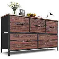 Dresser for Bedroom with 5 Drawers, Chest of Drawers, Storage Drawers Organizer Unit, Black Wide Fabric Dresser with Fabric Bins for Closet, Living Room, Bedroom (Brown and Rustic Brown)