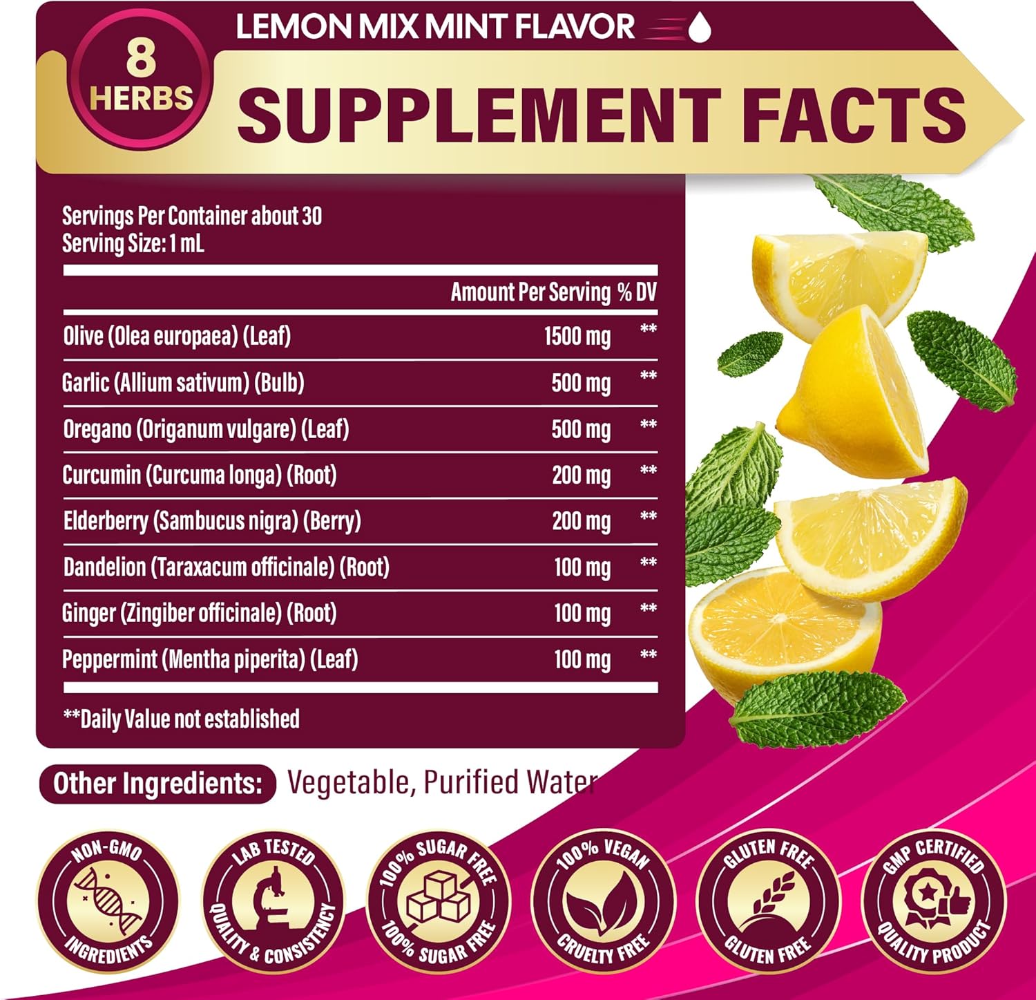 Olive Leaf Extract Liquid - 8in1 with Garlic, Oregano, Curcumin, Elderberry, Dandelion, Ginger, and Peppermint - Vegan, Non-GMO - 30ml 1 Fl Oz - Image 2