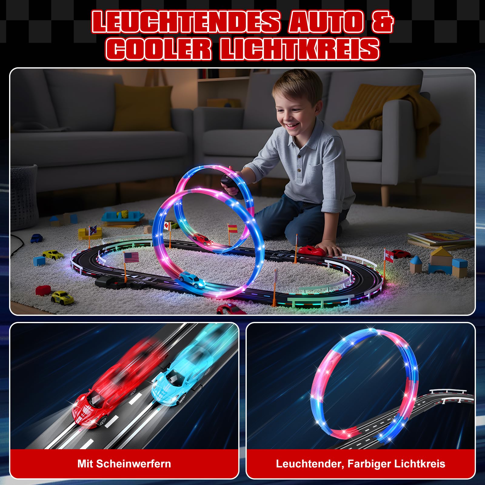 Elektrische Rennbahn Kinder, Autorennbahn Beleuchtete Elektrische Rennstrecke 1:64 Autobahn - 4 LED Auto, Rundenzähler, 360°-Looping, Rennstrecke Auto Spielzeug für Kinder 3 6-12 Jahre (S)