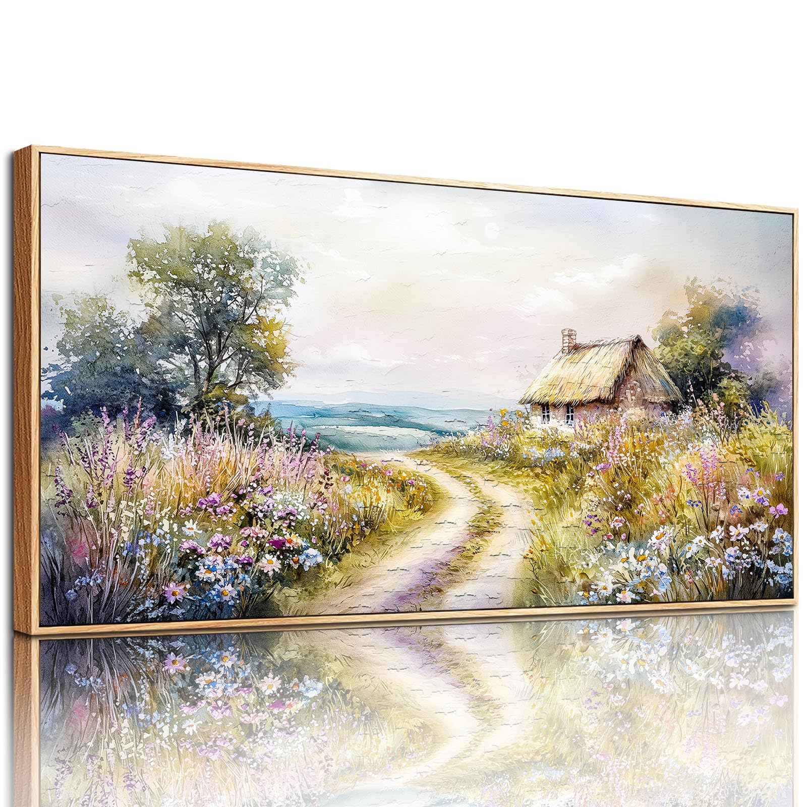 MHARTK66 Landweg Bilder Mit Rahmen Holz, Landschaft Leinwand Bild Aesthetic, 50x100 cm Groß Wandbilder Wohnzimmer, Modern Wanddeko Kunstdruck Schlafzimmer Esszimmer Flur Büro Küche Badezimmer