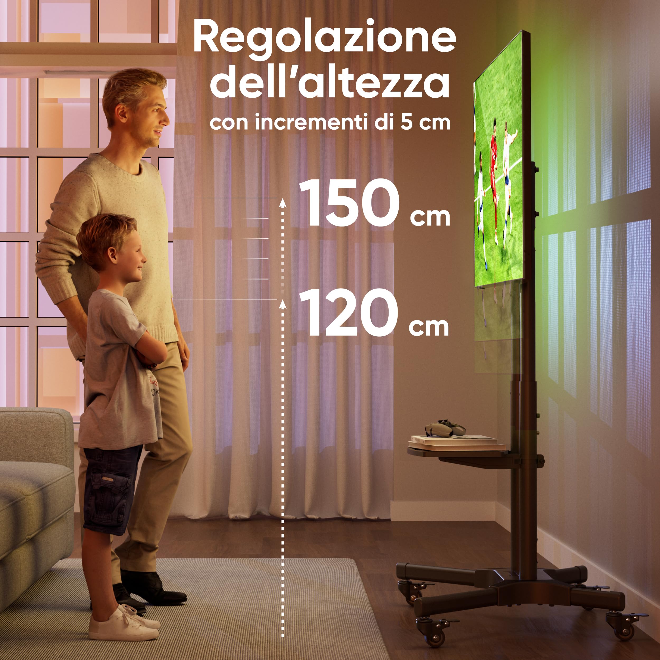 ONKRON Supporto TV da Pavimento 32" - 65", Carico max 50 kg, Porta televisore mobile VESA 100x100-600x400, Carrello TV con Ruote e Ripiano, Piedistallo da Terra, Altezza regolabile, Nero, TS1351-B
