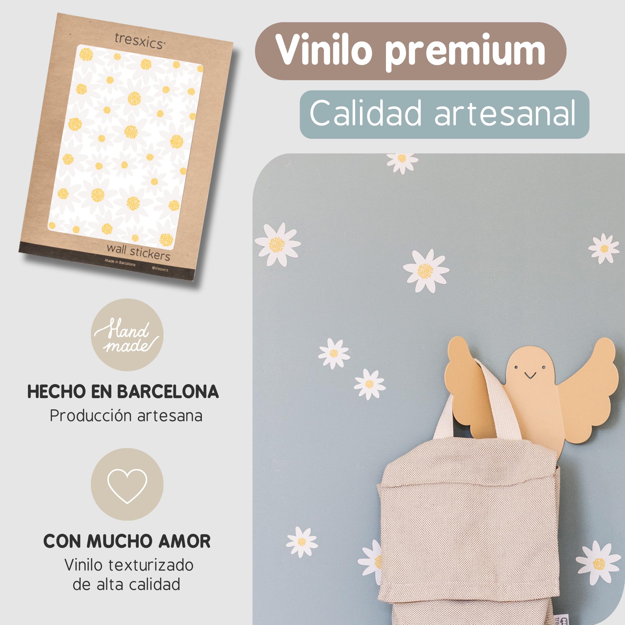 Pegatinas Pared Decorativas Flores | 6 Láminas, 192 Margaritas Adhesivas | Vinilo Adhesivo Pared | Efecto Papel Pintado | Cubre 9 m² | TRESXICS (Blanco)