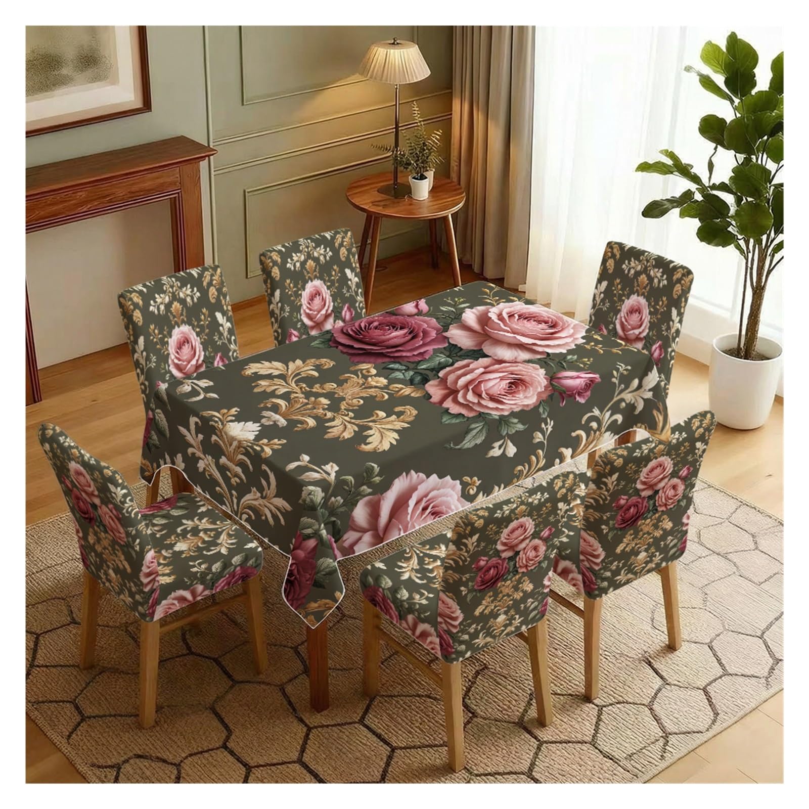 BOSUYBN Stretch Dining Chair Slipcovers And Tablecloth Set, Vintage Dark Background Rose Floral Print, 5/7 Pack For Dining Room Kitchen Home Decor Table Setting(7pcs Set: Tablecloth+Chair Covers)