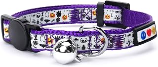 Pawtitas Halloween Cat Collars for Cats Adjustable Collar Glow in The Dark Feature and Safety Breakaway Buckle and Removable Bell to Match Your Halloween Cat's Costume - Halloween Purple Pattern