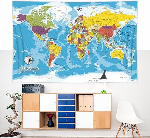 Miniatura 6 de PARTH IMPEX Gran mapa del mundo para pared, póster educativo de 36 x 56 pulgadas para aula, tapiz de tela lavable, suministros escolares estéticos,