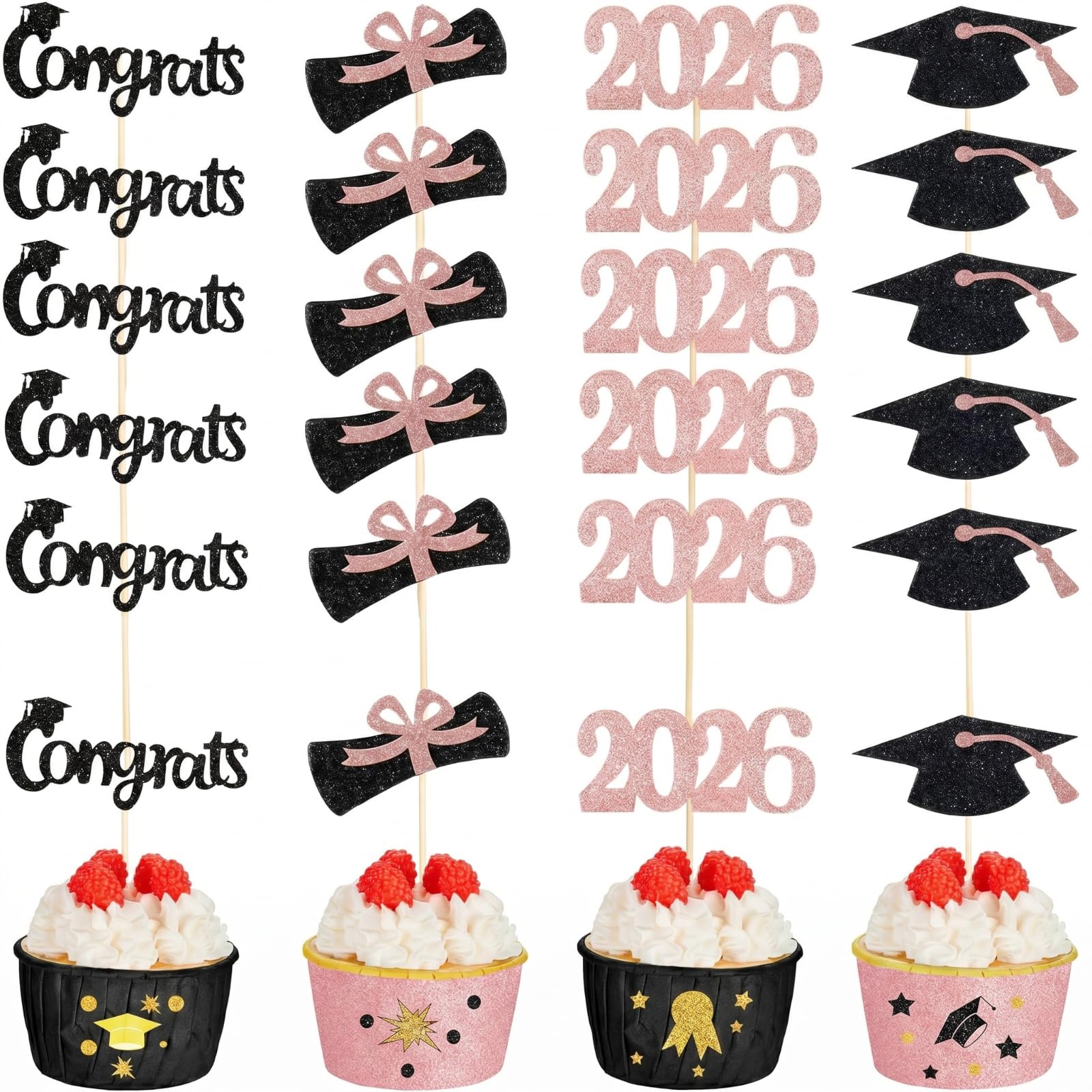Photo 1 of Chinco 100 Pack 2026 Graduation Cupcake Toppers Glitter Grad Cap Food Appetizer Picks Cake Caps Party Decorations Diploma Cupcake Picks for Cake Class of 2026 Graduation Party(Pink)