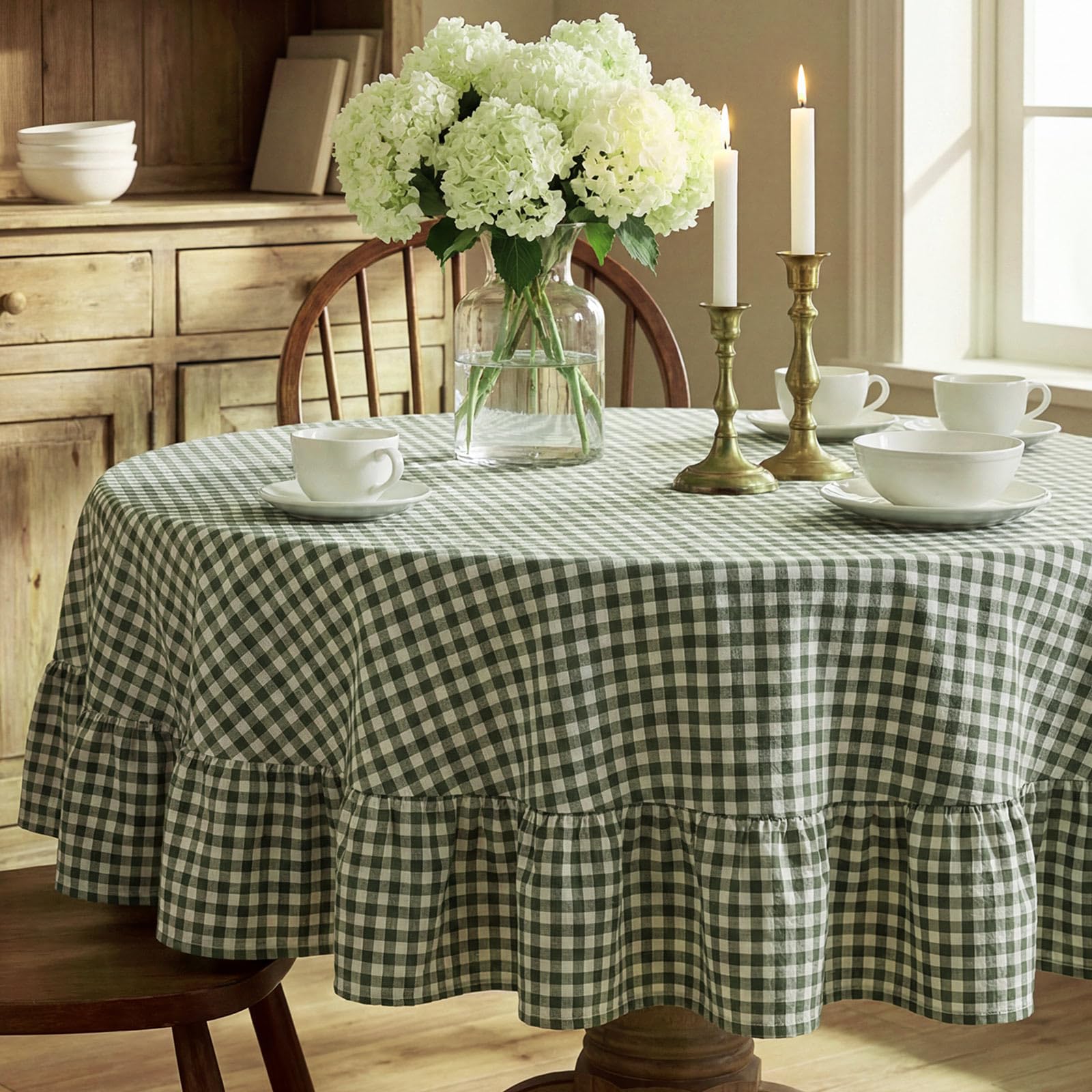 Photo 1 of Mindsoft Gingham Ruffled Tablecloth, 70 x 70 Inches, Green