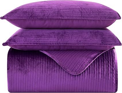 Elegant Comfort Luxury 3-Piece Velvet Corduroy Stripe Quilt Set, Ultra Soft Bedspread - Cozy Velvet Coverlet Set - 3PC Medium Weight Quilted Set with Matching Pillow Shams, California King, Purple