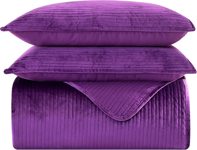 Elegant Comfort Luxury 3-Piece Velvet Corduroy Stripe Quilt Set, Ultra Soft Bedspread - Cozy Velvet Coverlet Set - 3PC Medium Weight Quilted Set with Matching Pillow Shams, California King, Purple