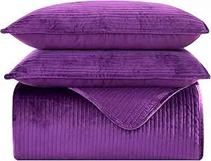 Elegant Comfort Luxury 3-Piece Velvet Corduroy Stripe Quilt Set, Ultra Soft Bedspread - Cozy Velvet Coverlet Set - 3PC Medium Weight Quilted Set with Matching Pillow Shams, California King, Purple