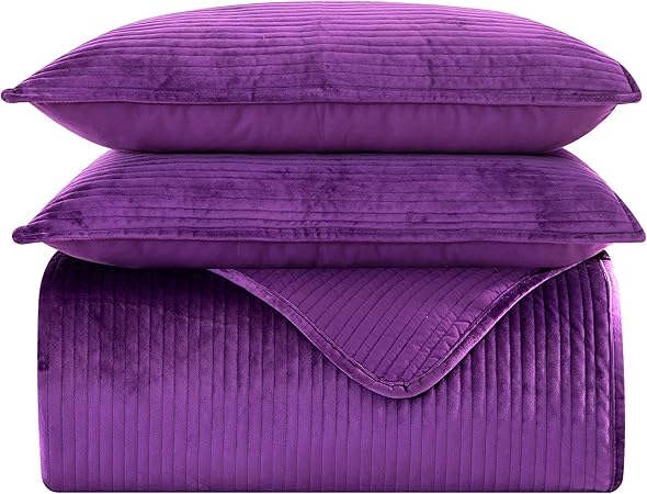 Elegant Comfort Luxury 3-Piece Velvet Corduroy Stripe Quilt Set, Ultra Soft Bedspread - Cozy Velvet Coverlet Set - 3PC Medium Weight Quilted Set with Matching Pillow Shams, California King, Purple