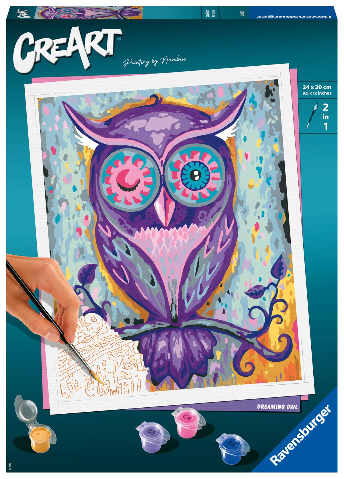 Ravensburger - CreArt Il Sogno della Civetta, Kit per Dipingere con i Numeri, Contiene Tavola Prestampata 24x30 cm, Pennello, Colori e Accessori, Gioco Creativo e Relax per Adulti 14+ Anni