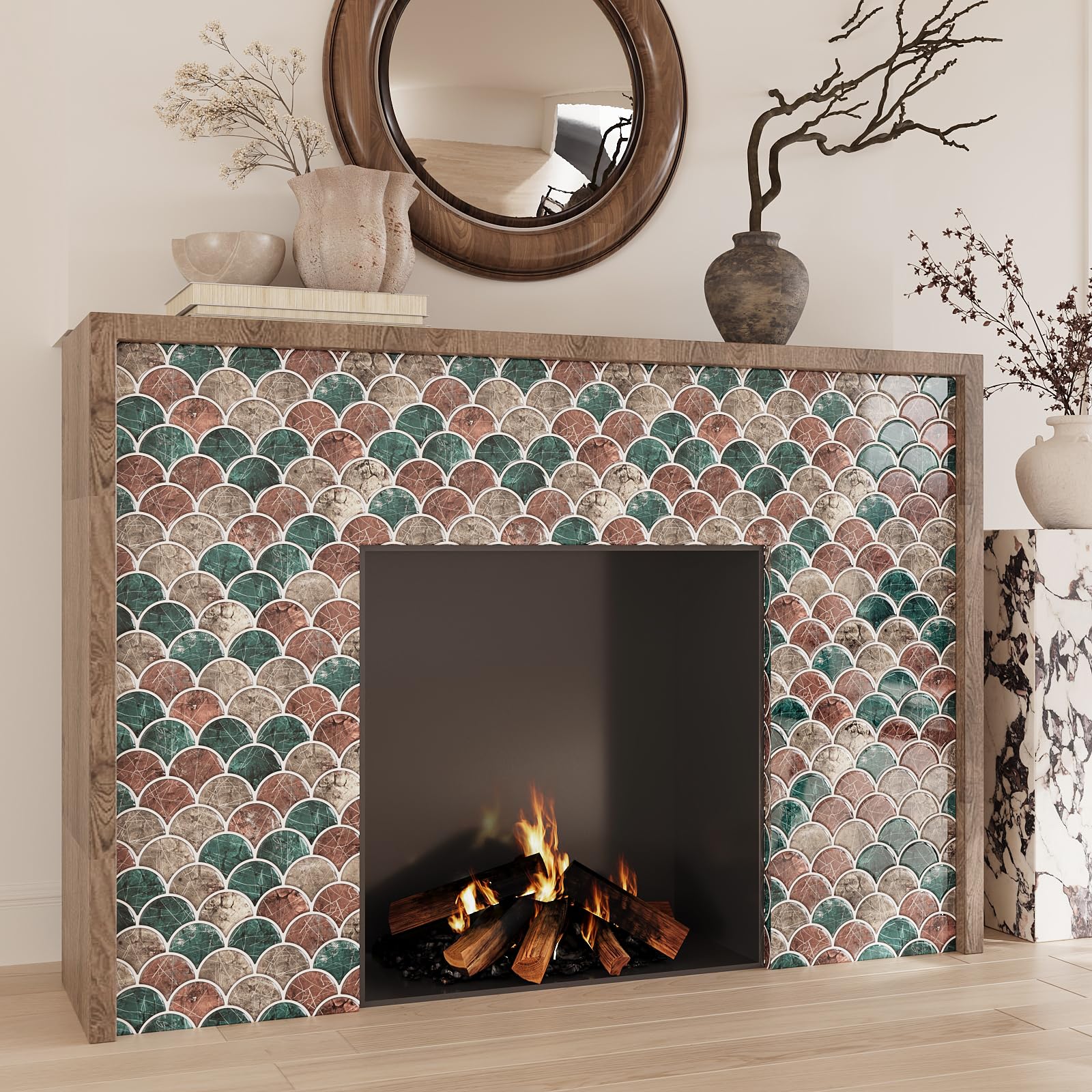 VEELIKE 6 Carreaux Adhésifs Écailles De Poisson Bohème Vert Brun 3D – Crédence Cuisine Salle De Bain 30.5×30.5 Cm Imperméable