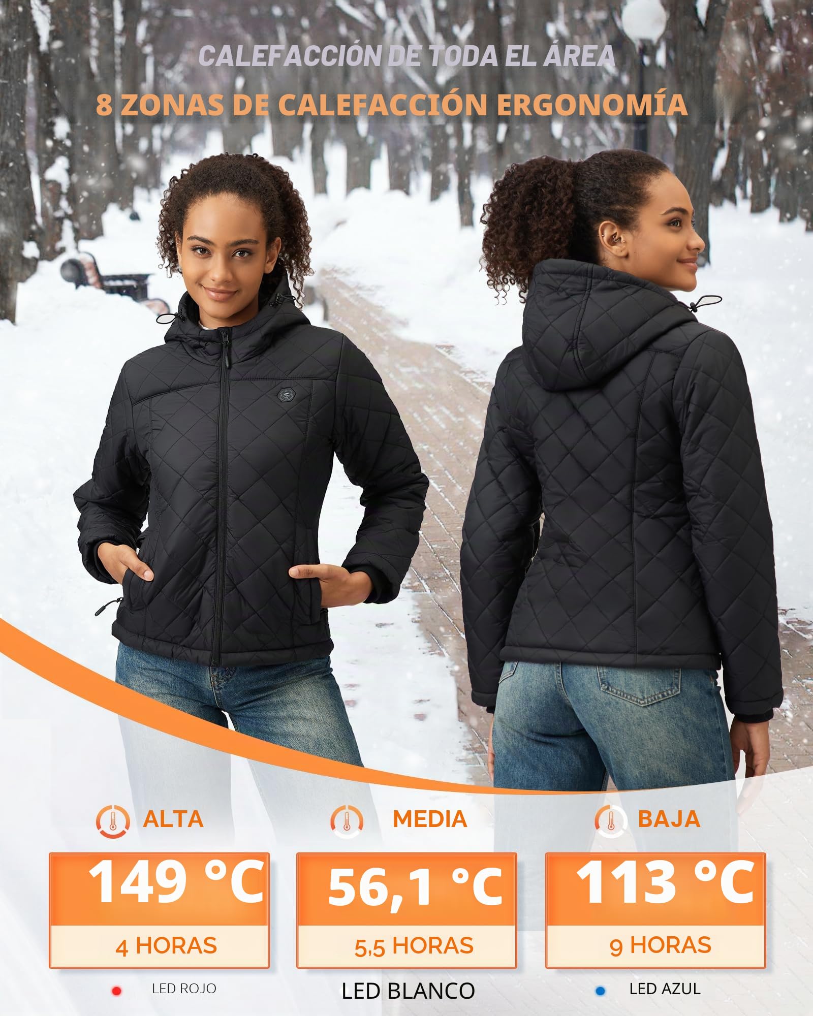 Chaqueta Calefactable Mujer Con Bateria 12v 18400mah, 8 Zonas De Calor,3 Niveles De Temperatura, Chaqueta Termica EléCtrica Ligera con Capucha