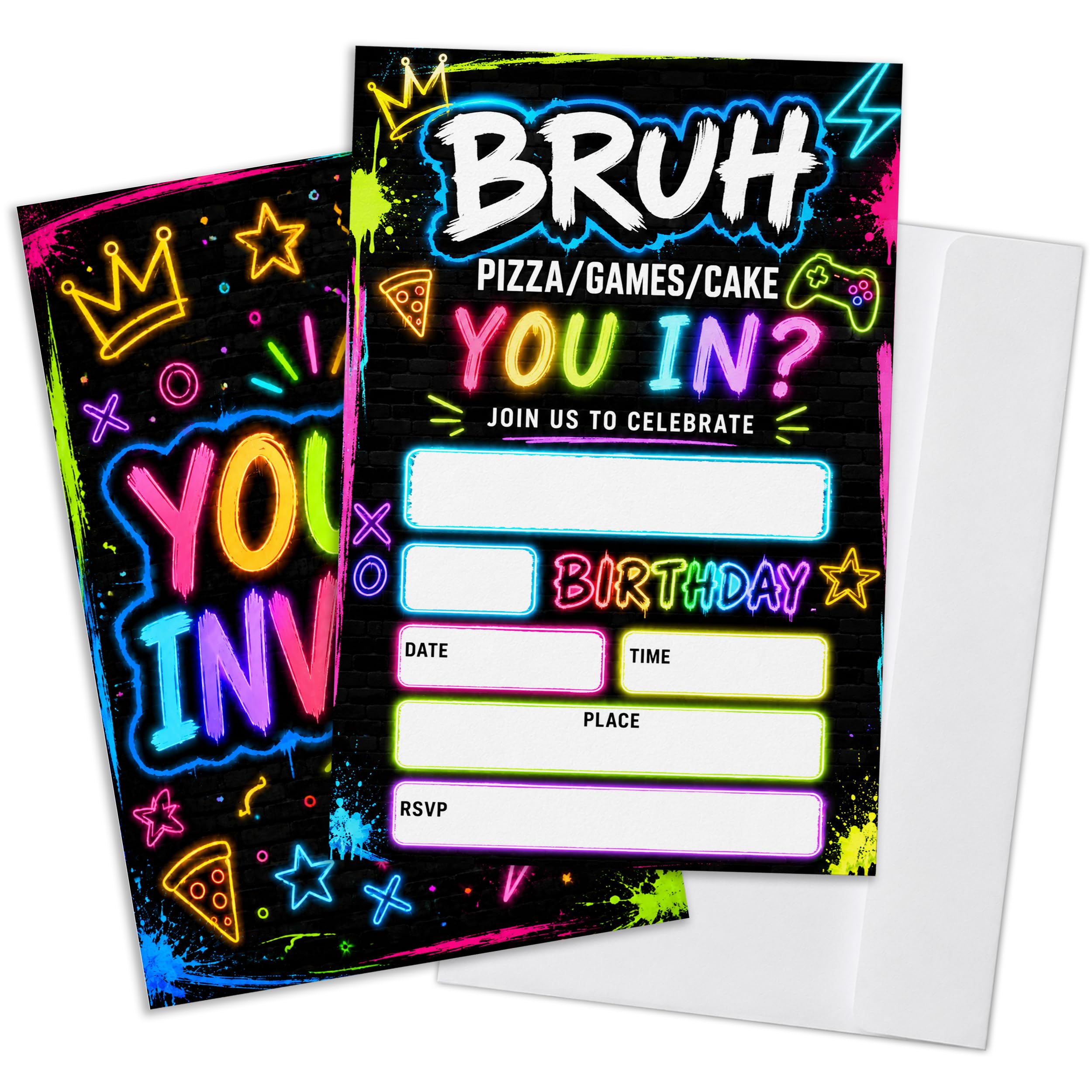 Qoamp Neon Bruh Boys Birthday Invitations, Glow Games Birthday Party Invitations for Boys, 20Pcs Double-Sided Birthday Invites Cards with Envelopes, 4x6 Inches