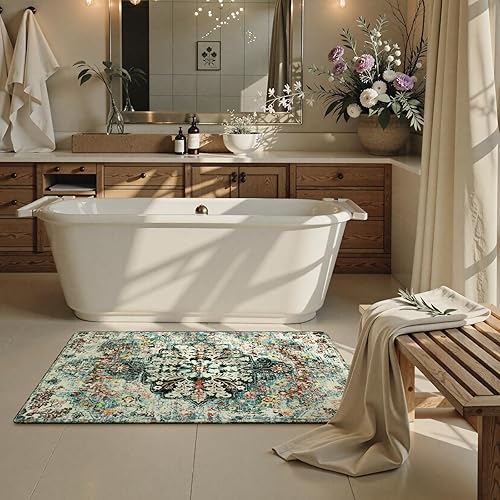 Miniatura 218 de Lahome Alfombra bohemia con medallón floral de 3 x 5 pies, suave, impresa, para baño, cocina, entrada, vestíbulo, vintage, antideslizante, lavable