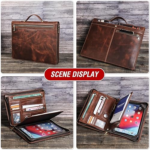 Vista 14 de Top Grain Leather Cartera grande de 12.9 pulgadas, diseño retro hecho a mano, gran capacidad, multifuncional, con cremallera, soporte para tarjetas