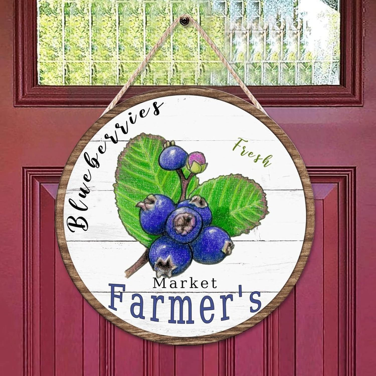 Vintage Fruit Blueberry Wood Door Sign Fruit Front Door Round Wood Sign 16x16in Market Farmers Wall Hanging Sign Plaque for Backyard Front Porch Farmhouse Front Door Decor Housewarming Gifts
