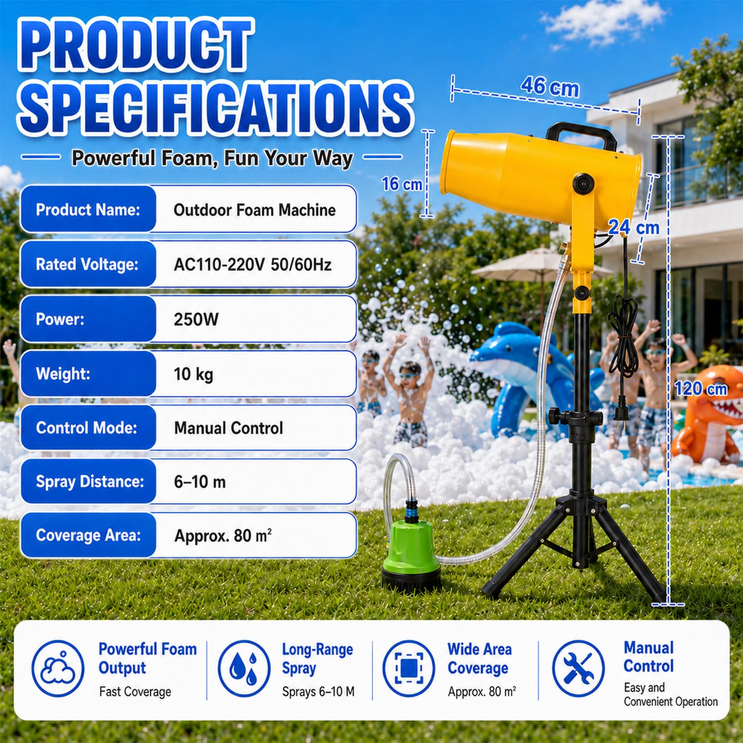 Schaummaschine, Party Schaumkanone, 6–10 M Sprühweite, 80 M² Abdeckfläche, Mit Ausziehbarem Ständer, Für Hinterhof-Poolpartys, Sommerlager-Partys Und Geburtstagsfeiern