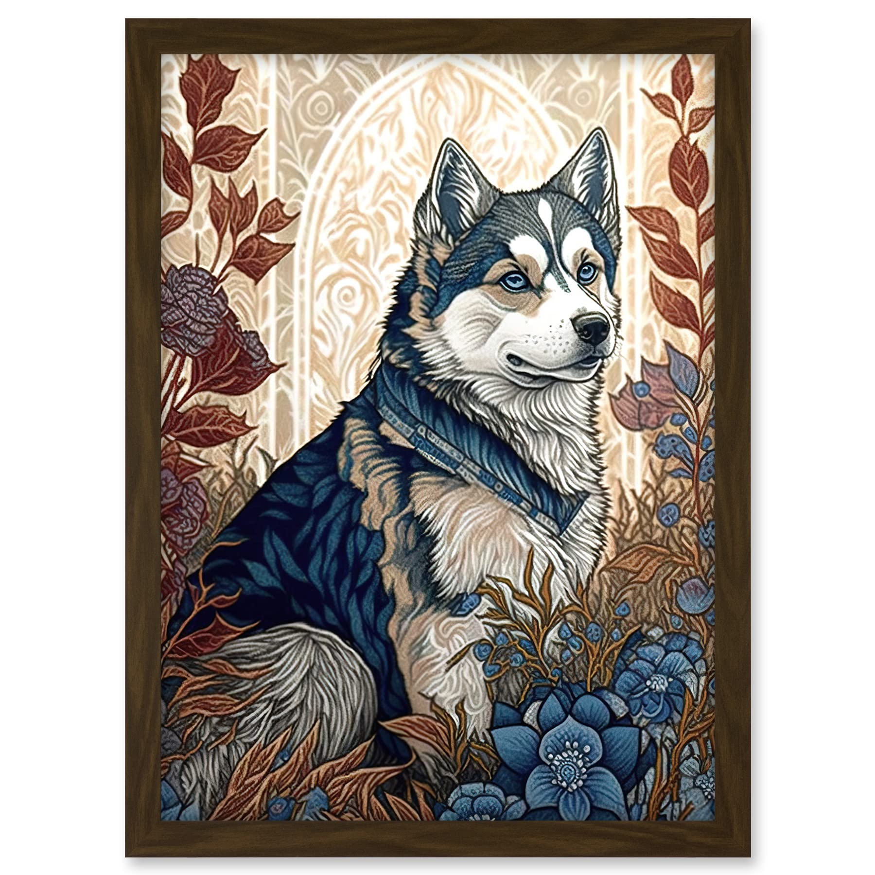 Artery8 Siberian Husky Dog in Autumn Flower Field Modern Art Nouveau Illustration Artwork Framed A3 Wall Art Print