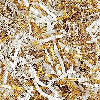 Uptotop 1/2LB White & Gold Crinkle Cut Paper Shred Filler for Gift Baskets, Holidays, Weddings & More