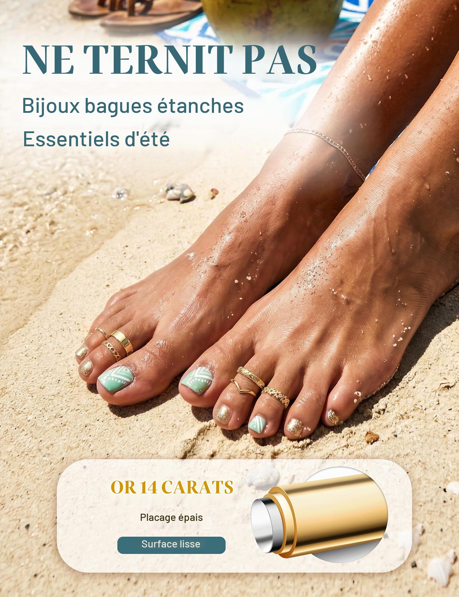 ADRAMARA 6PCS Bagues d’Orteil Femme, Bague de Pied Plaqué Or 14K, Bagues Ouvertes Ajustables avec Zircone CZ, Bijoux de Pied Non Ternissant pour Été Plage Argent/Or