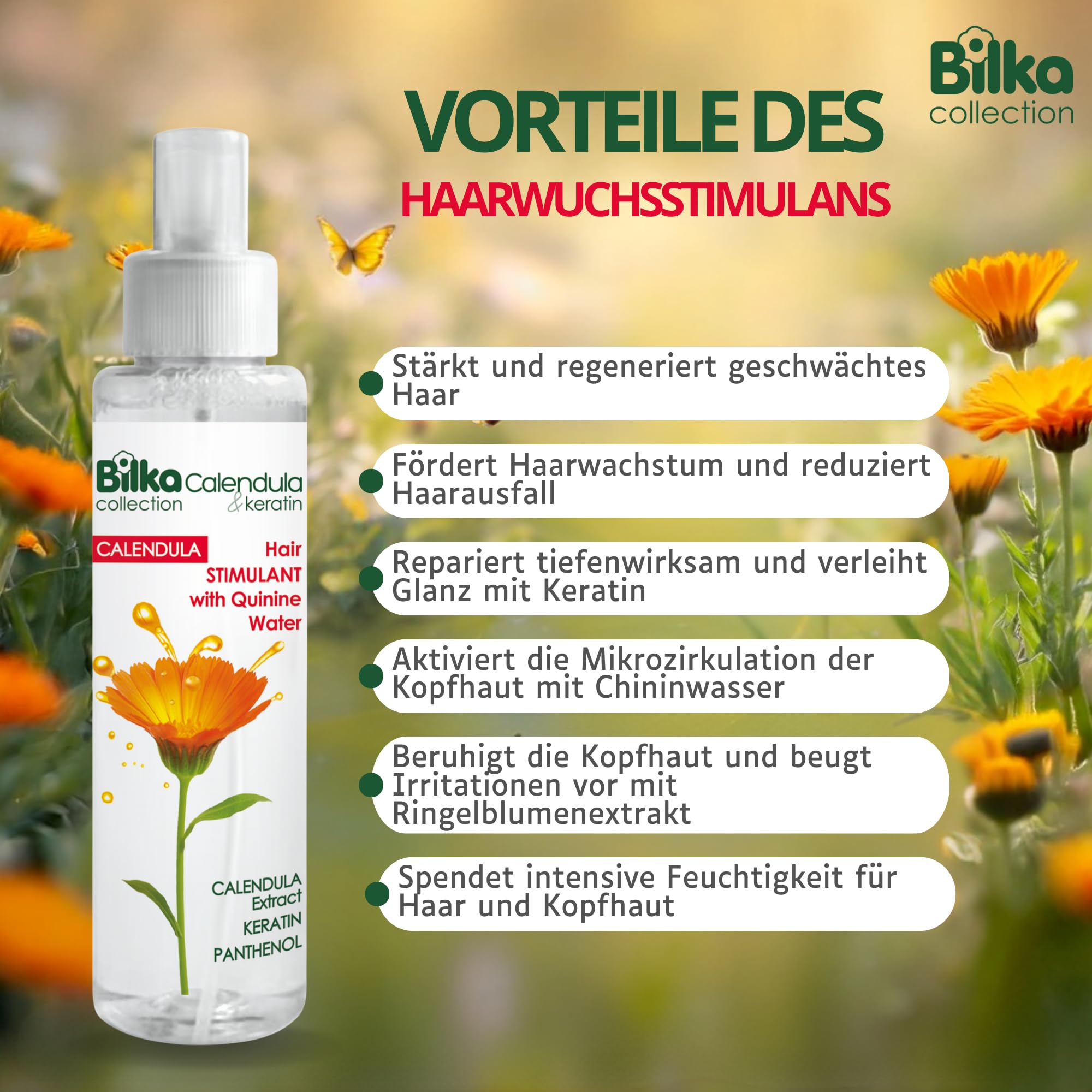 Stimulans de croissance des cheveux au calendula et à la kératine - Avec eau de quinine, kératine et extrait de calendula - Soin capillaire pour favoriser la croissance des cheveux et