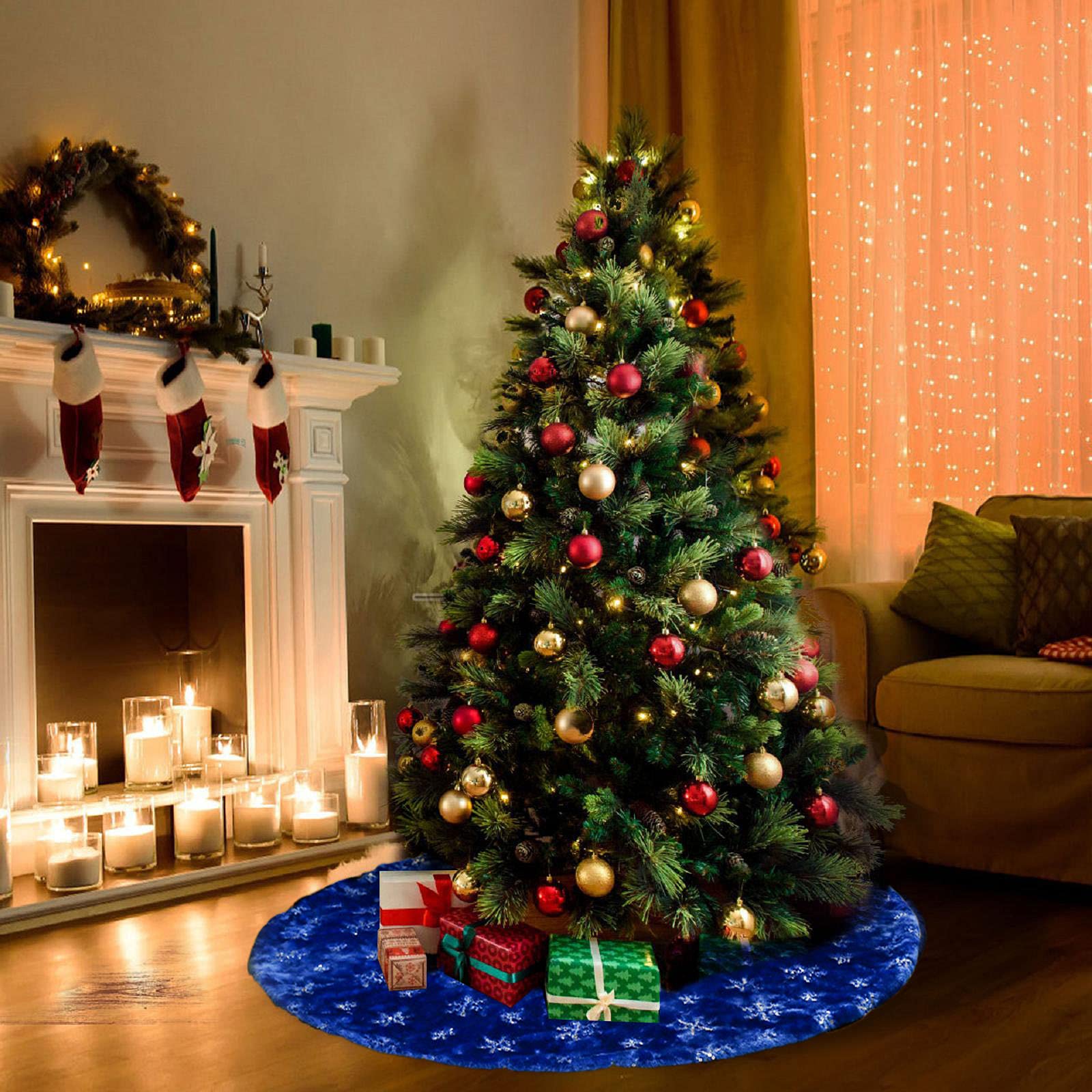Jupe de Sapin de Noël Bleu Peluche 78cm avec Flocons de Neige Argent Paillettes Couvre-pied Tapis
