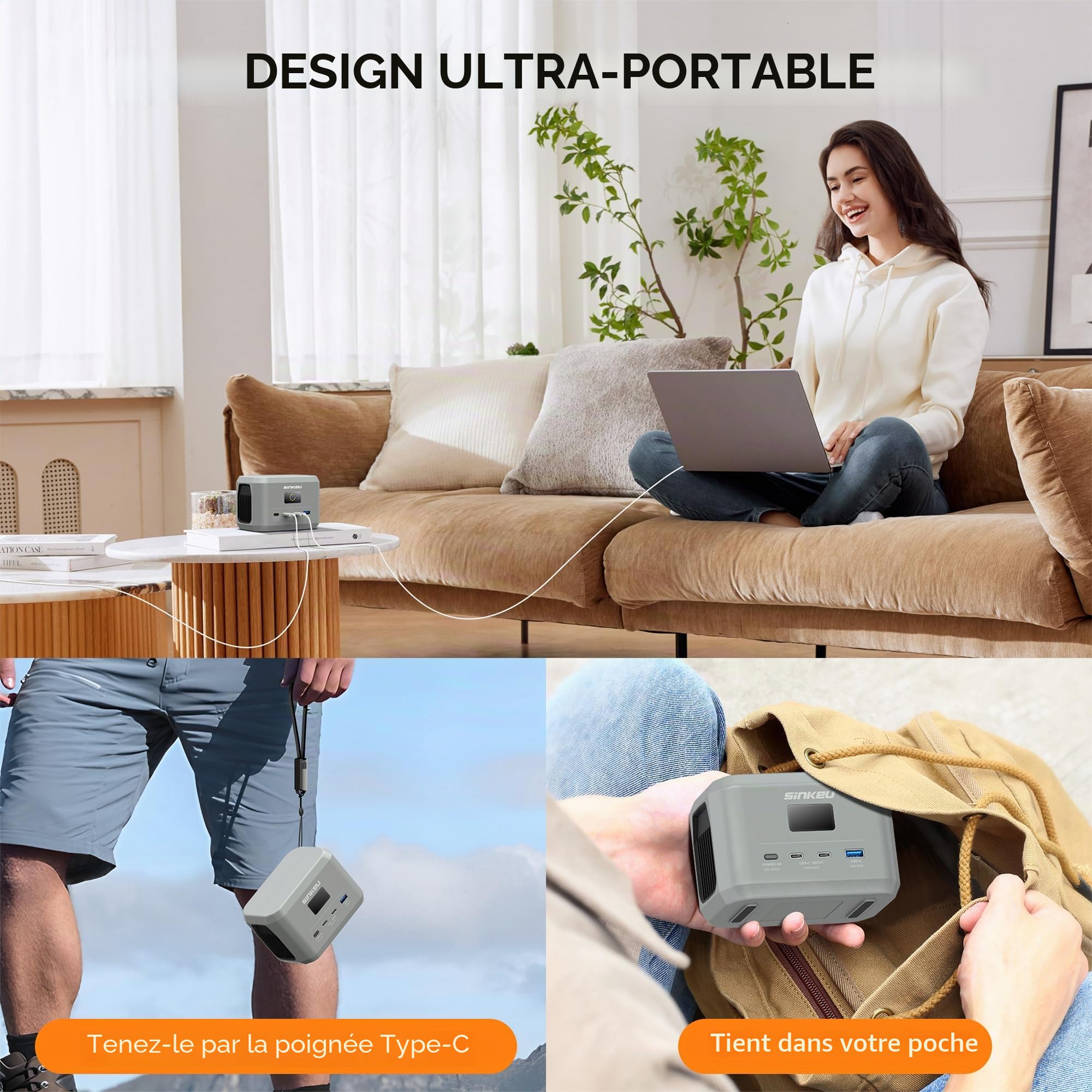 SinKeu Station d'alimentation portable, batterie LiFePO4 96 Wh, USB-C 100 W marche/sortie