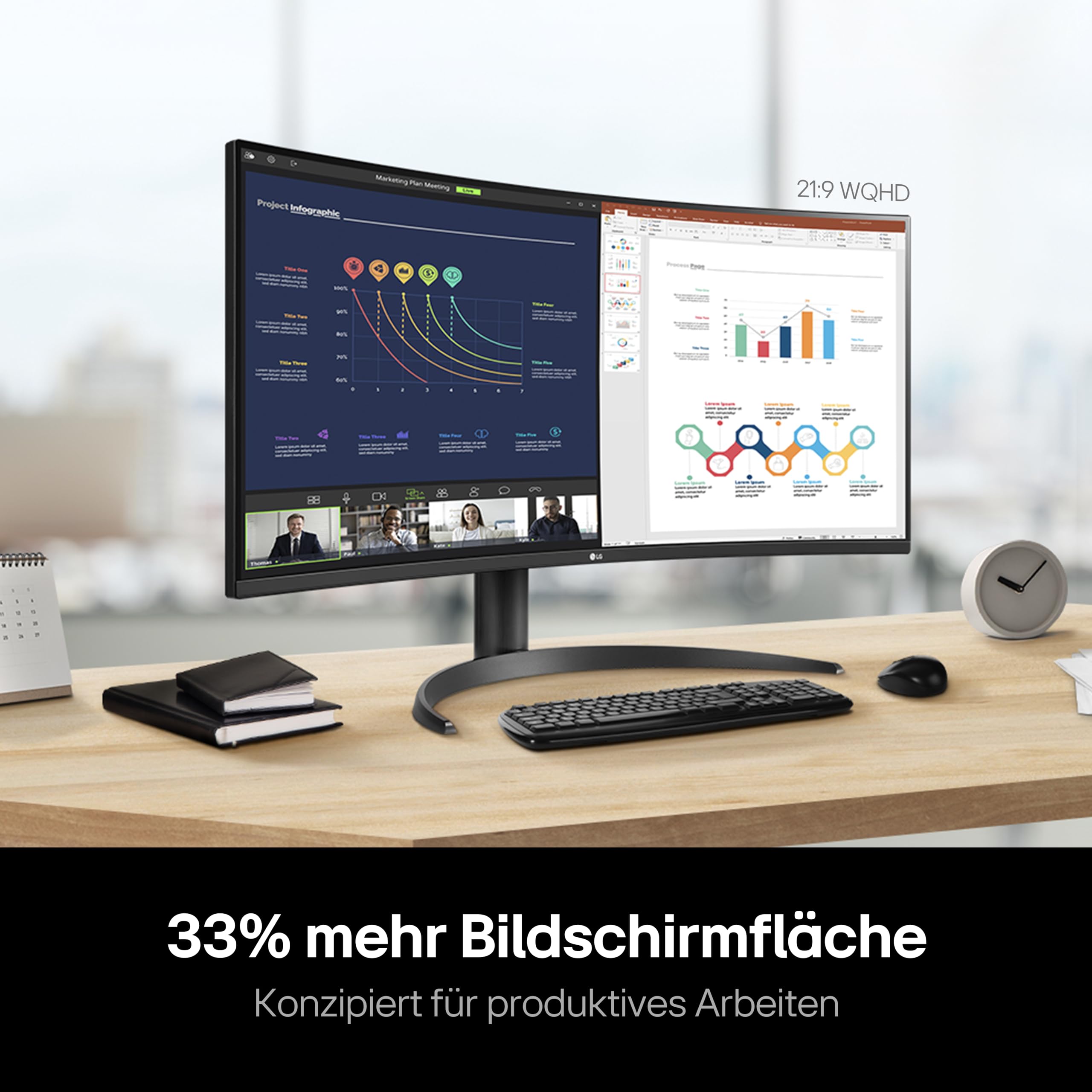 LG UltraWide 21:9 Curved QHD Monitor 34WR55QC-B - 34 Zoll, HDR10, PBP-Modus, OnScreen Control, AMD FreeSync, 100Hz, USB-C, Höhenverstellung (110mm) - Schwarz